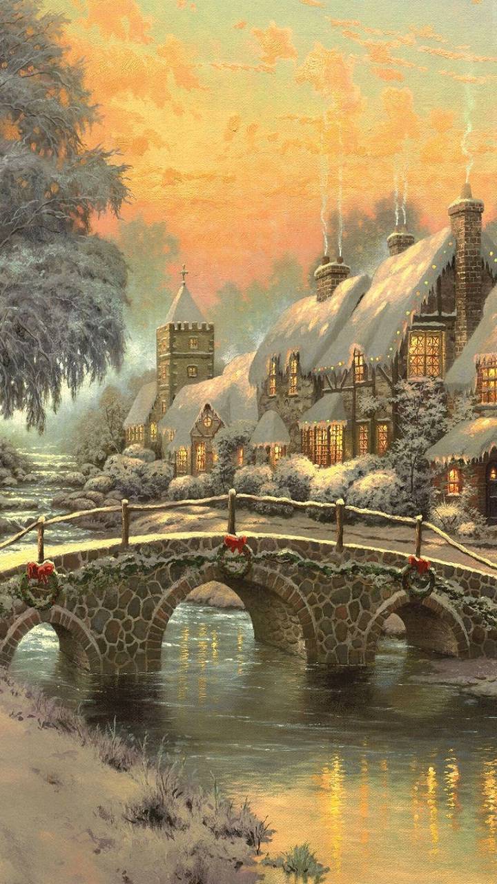 Download mobile wallpaper Winter, Village, Painting, Artistic for free.