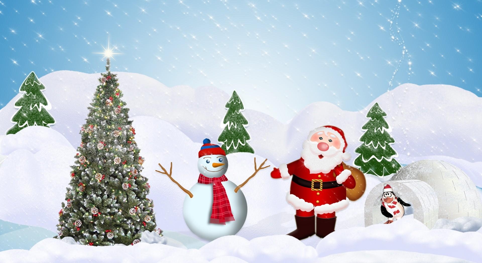 santa claus, holidays, winter, new year, snow, snowman, christmas tree, penguin