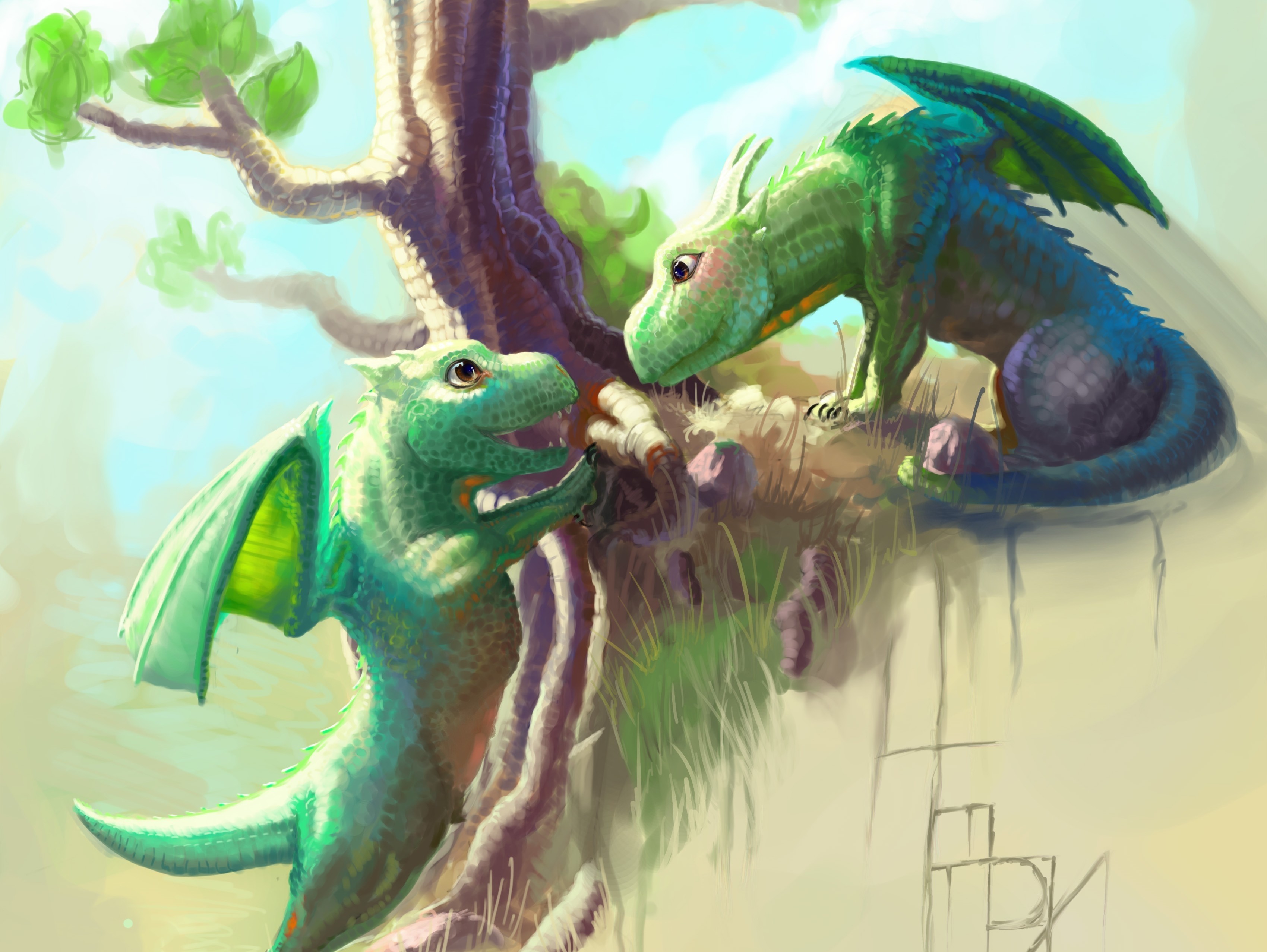 art, dragons, wood, young, tree, cubs