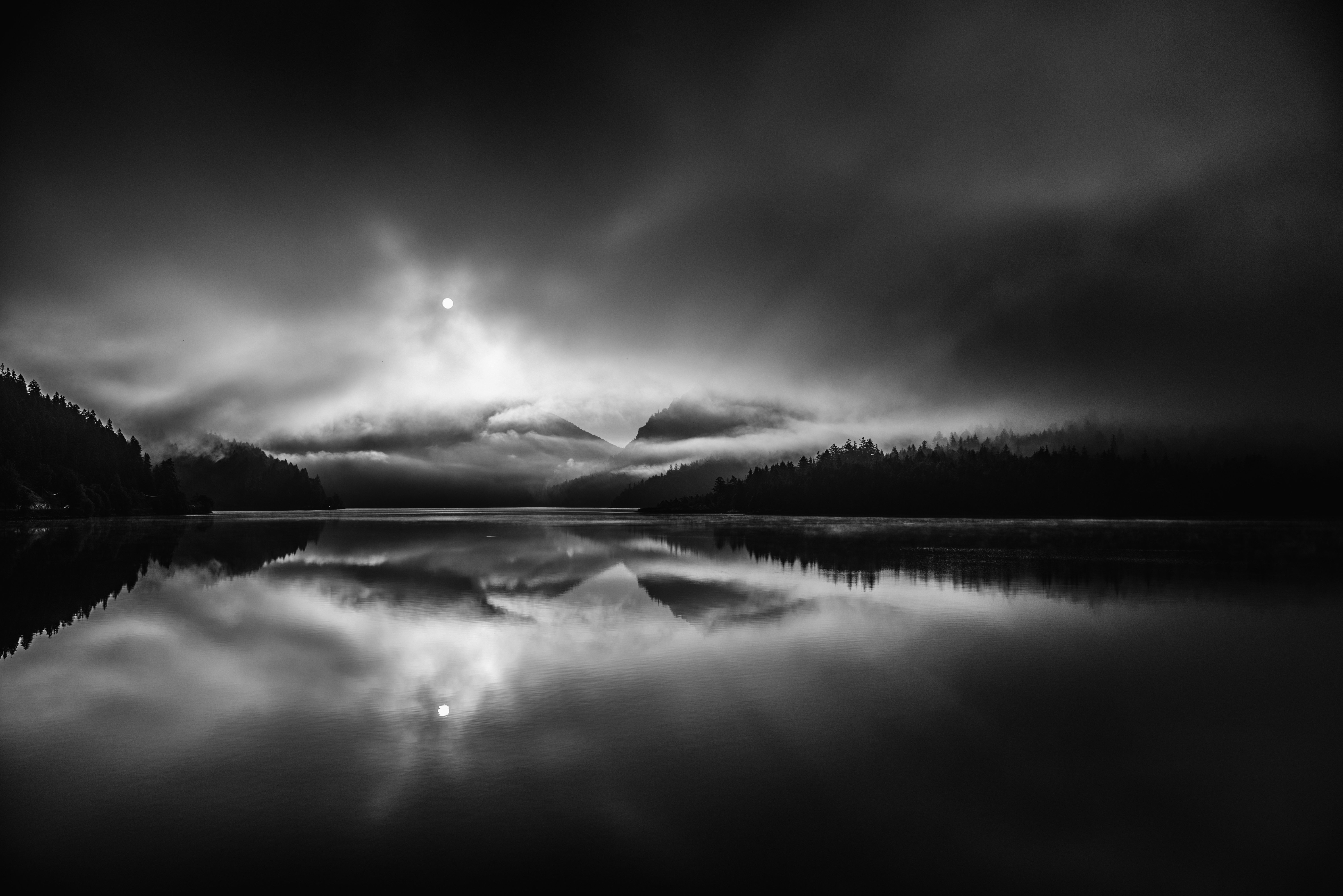 Download mobile wallpaper Night, Lake, Reflection, Earth, Monochrome, Cloud for free.