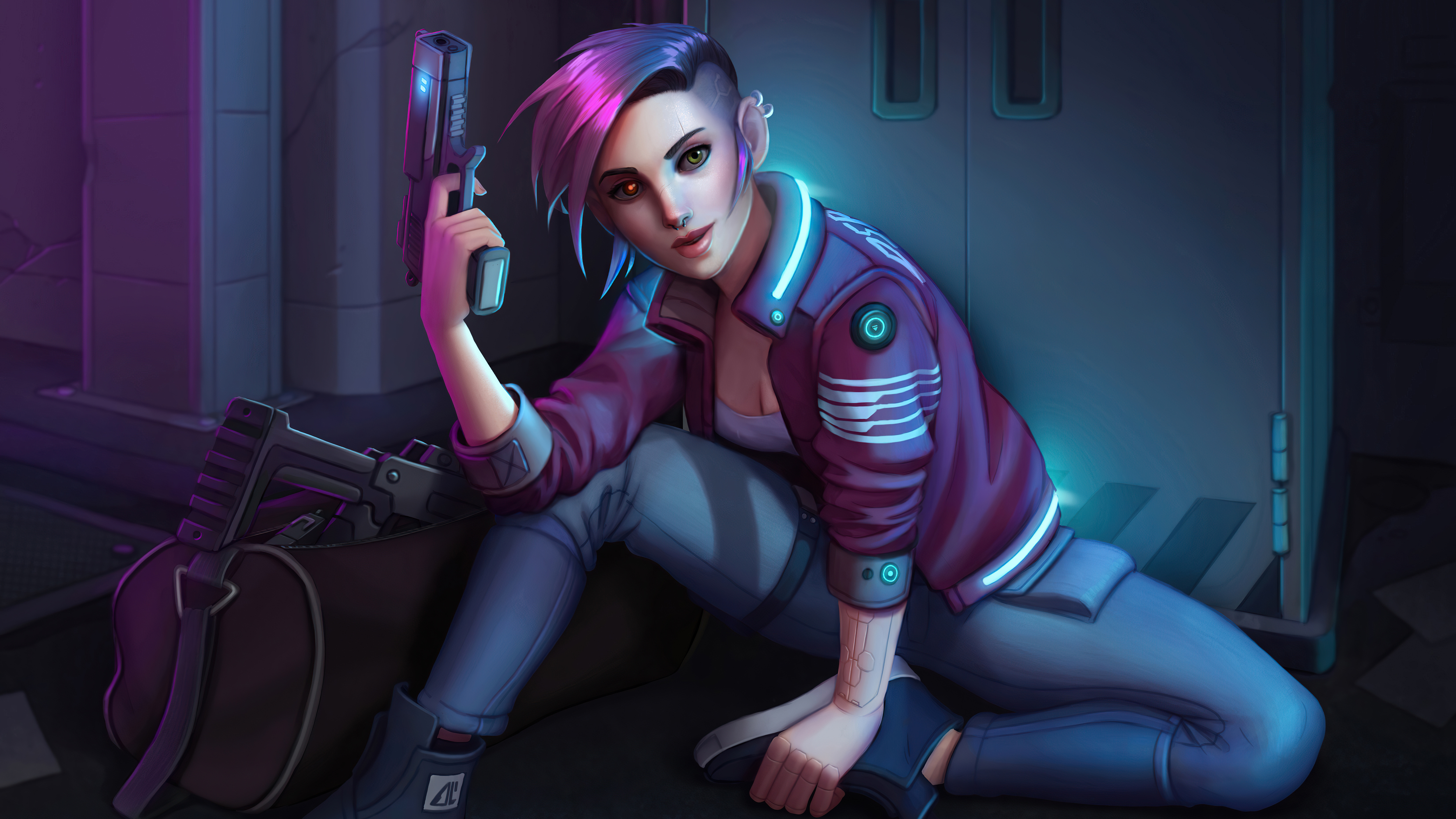 Download mobile wallpaper Cyberpunk, Sci Fi, Gun, Short Hair, Purple Hair for free.