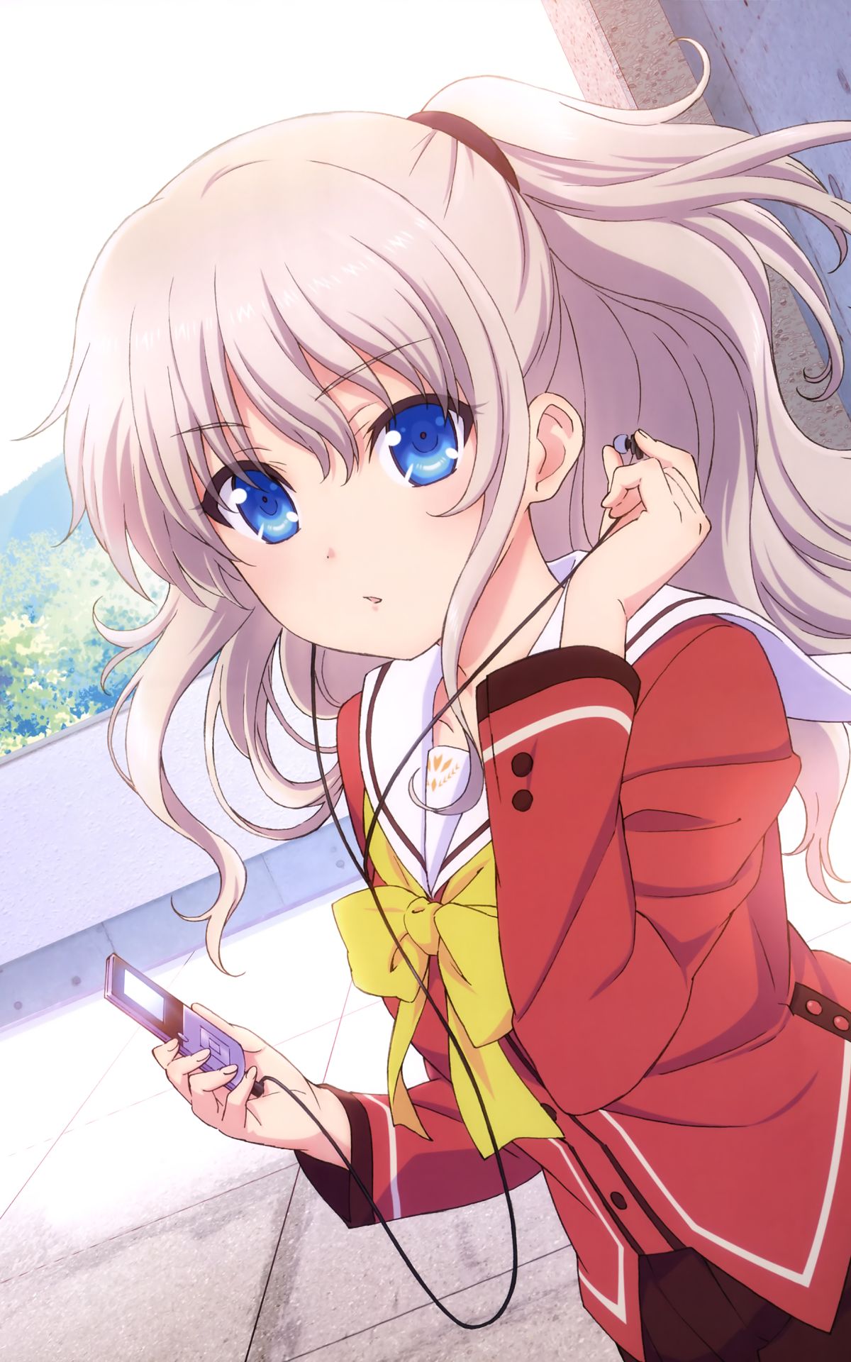 Download mobile wallpaper Anime, Blue Eyes, Charlotte, School Uniform, Long Hair, White Hair, Bow (Clothing), Nao Tomori for free.