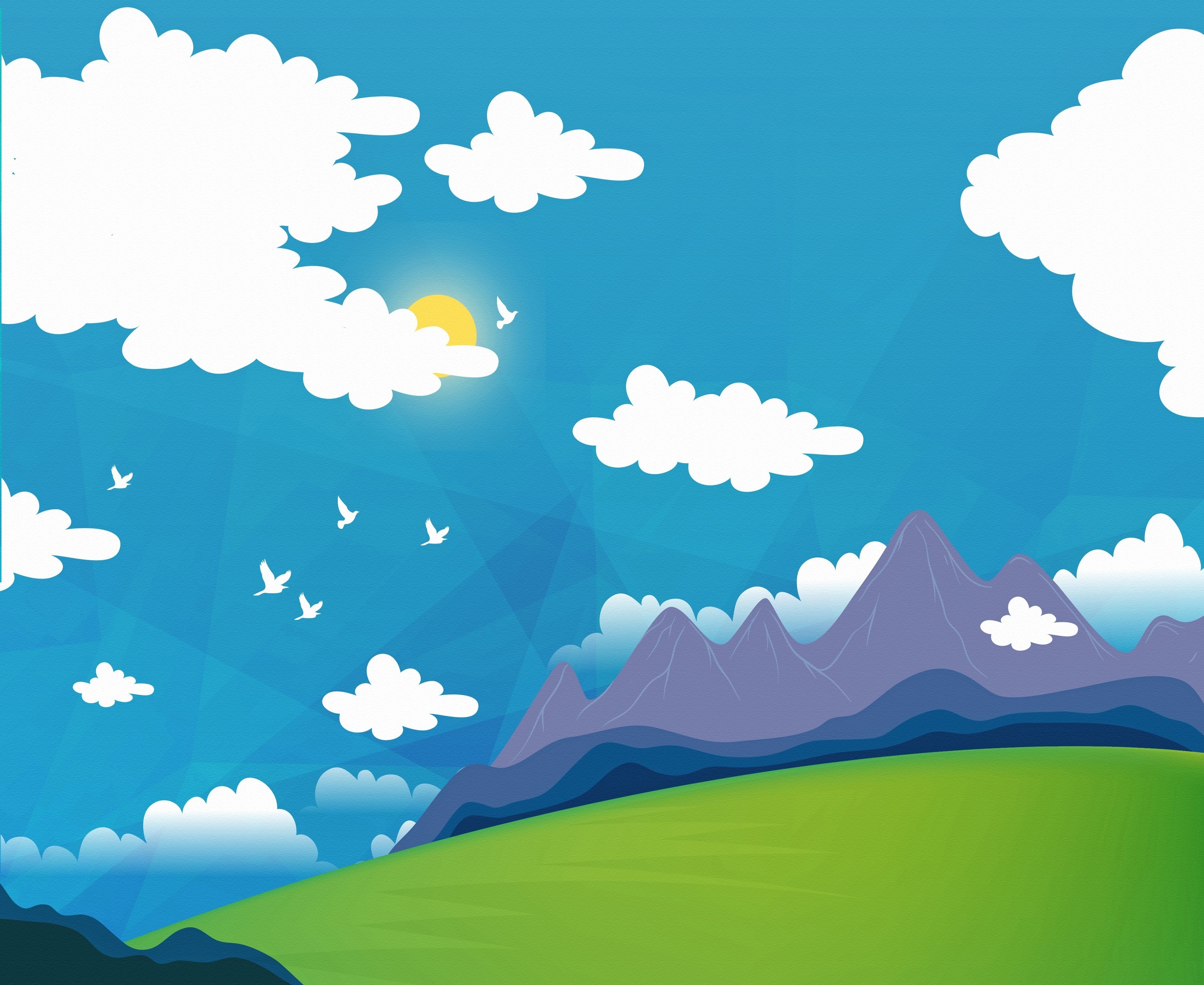 Скачать обои бесплатно Птицы, Солнце, Облака, Гора, Художественные картинка на рабочий стол ПК