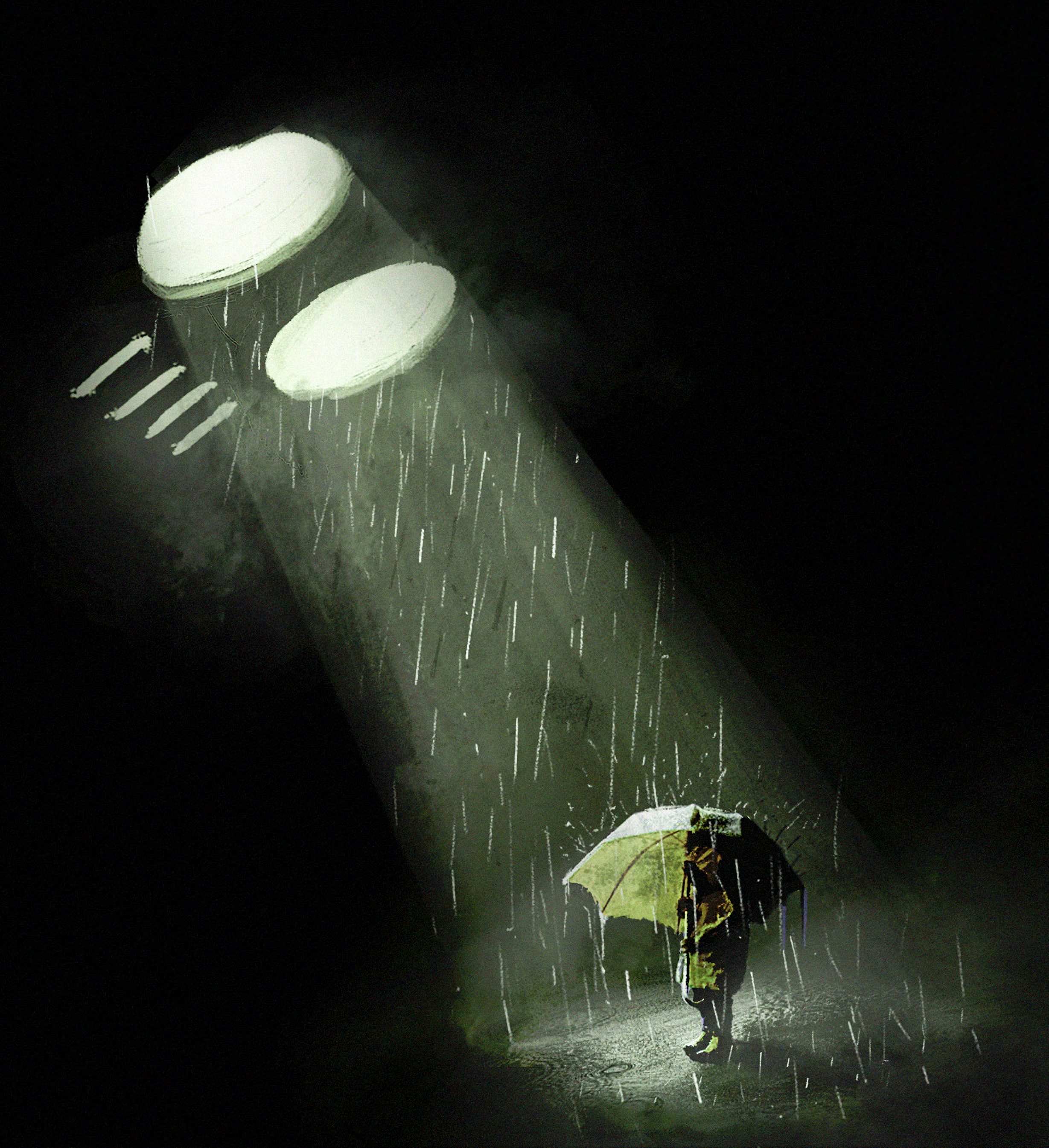 art, silhouette, rain, shine, light, umbrella, ray 1080p