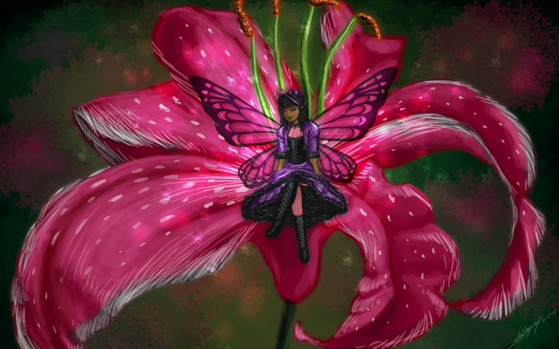 PCデスクトップに蝶, ファンタジー, 花, 妖精画像を無料でダウンロード