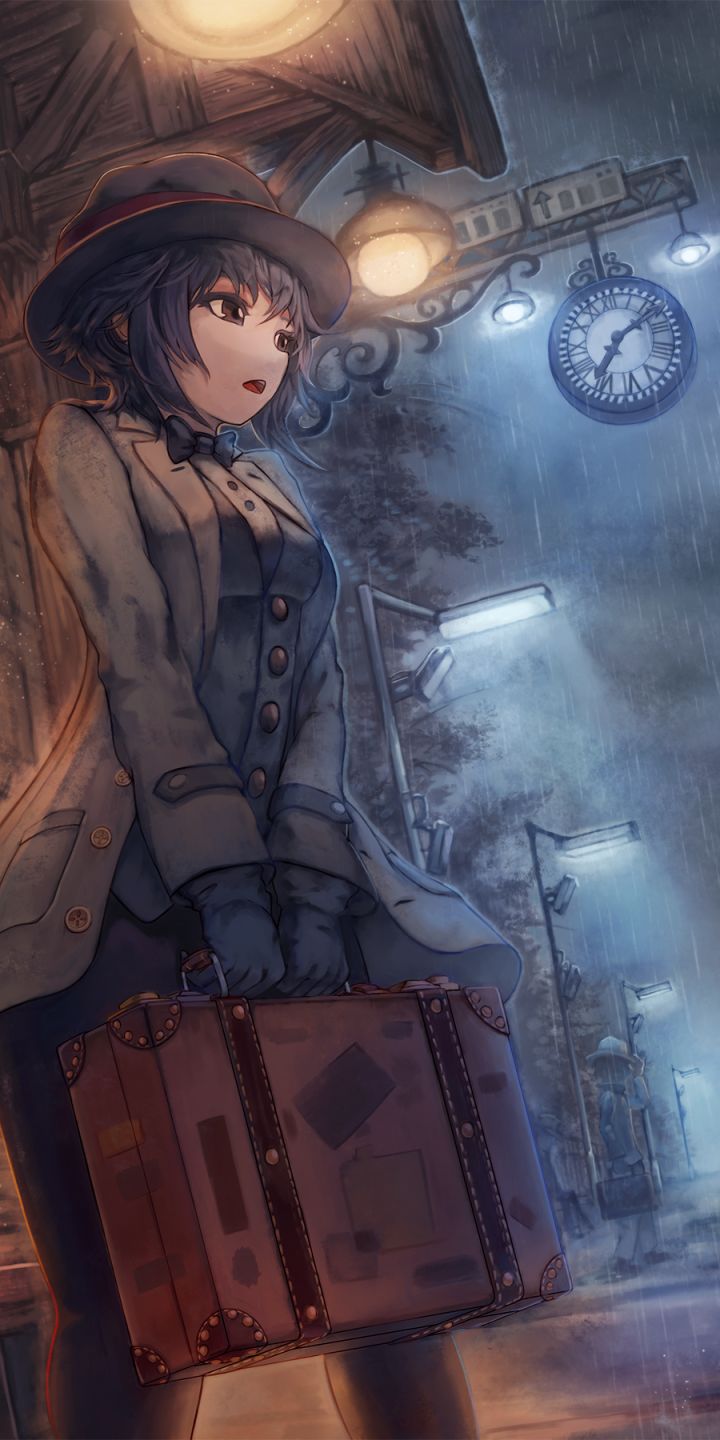 Download mobile wallpaper Anime, Rain, Clock, Hat, Coat, Train Station for free.