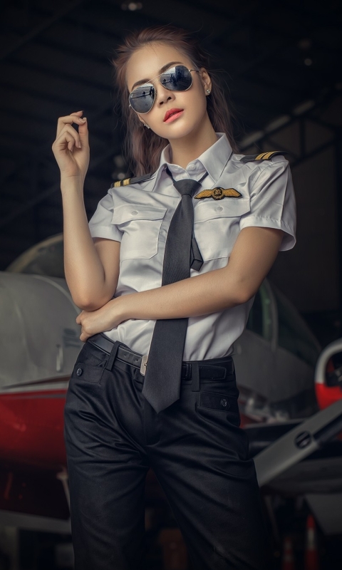 Download mobile wallpaper Airplane, Glasses, Pilot, Uniform, Women, Asian for free.