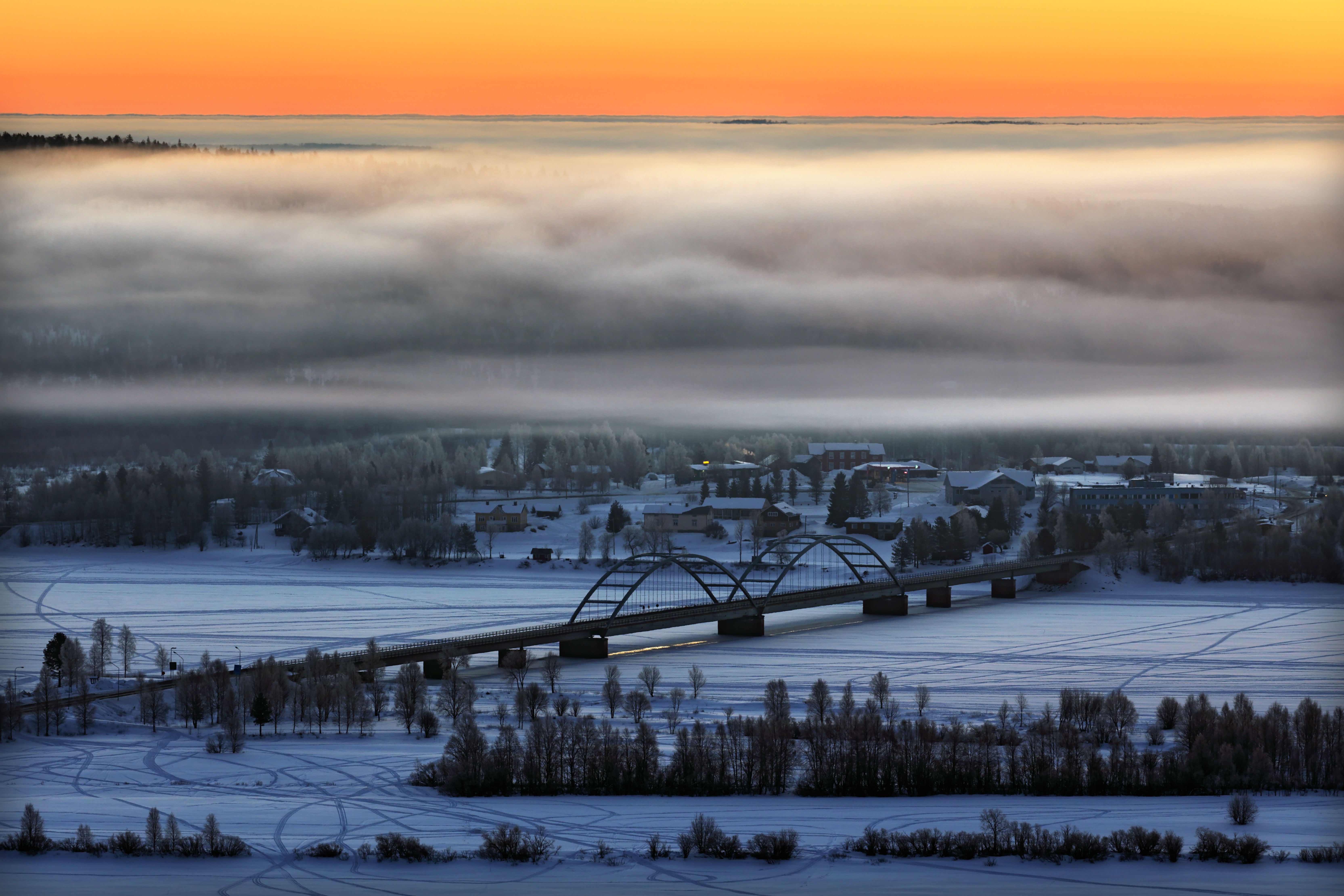 Download mobile wallpaper Landscape, Winter, Snow, Horizon, Fog, Bridge, Photography, Aerial for free.