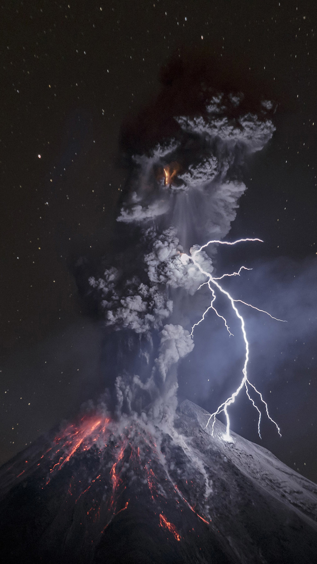 lightning, earth, volcano, smoke, eruption, night, stars, volcanoes