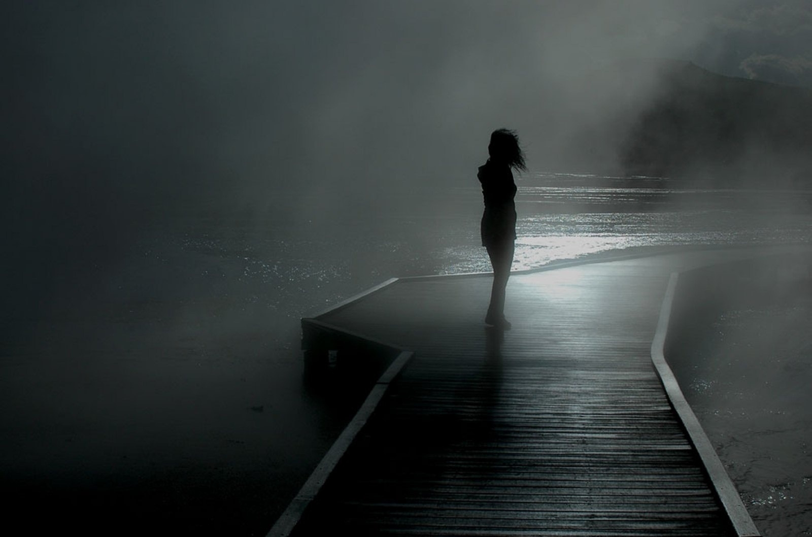 girl, mood, rain, dark, pier, silhouette, fog, stroll, mainly cloudy, overcast