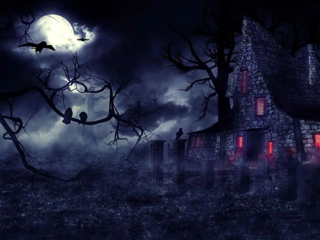 Free download wallpaper Night, Moon, Dark, House, Creepy, Raven, Haunted House on your PC desktop