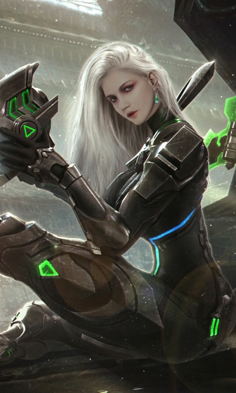 Download mobile wallpaper Cyberpunk, Sci Fi, Women Warrior, White Hair for free.