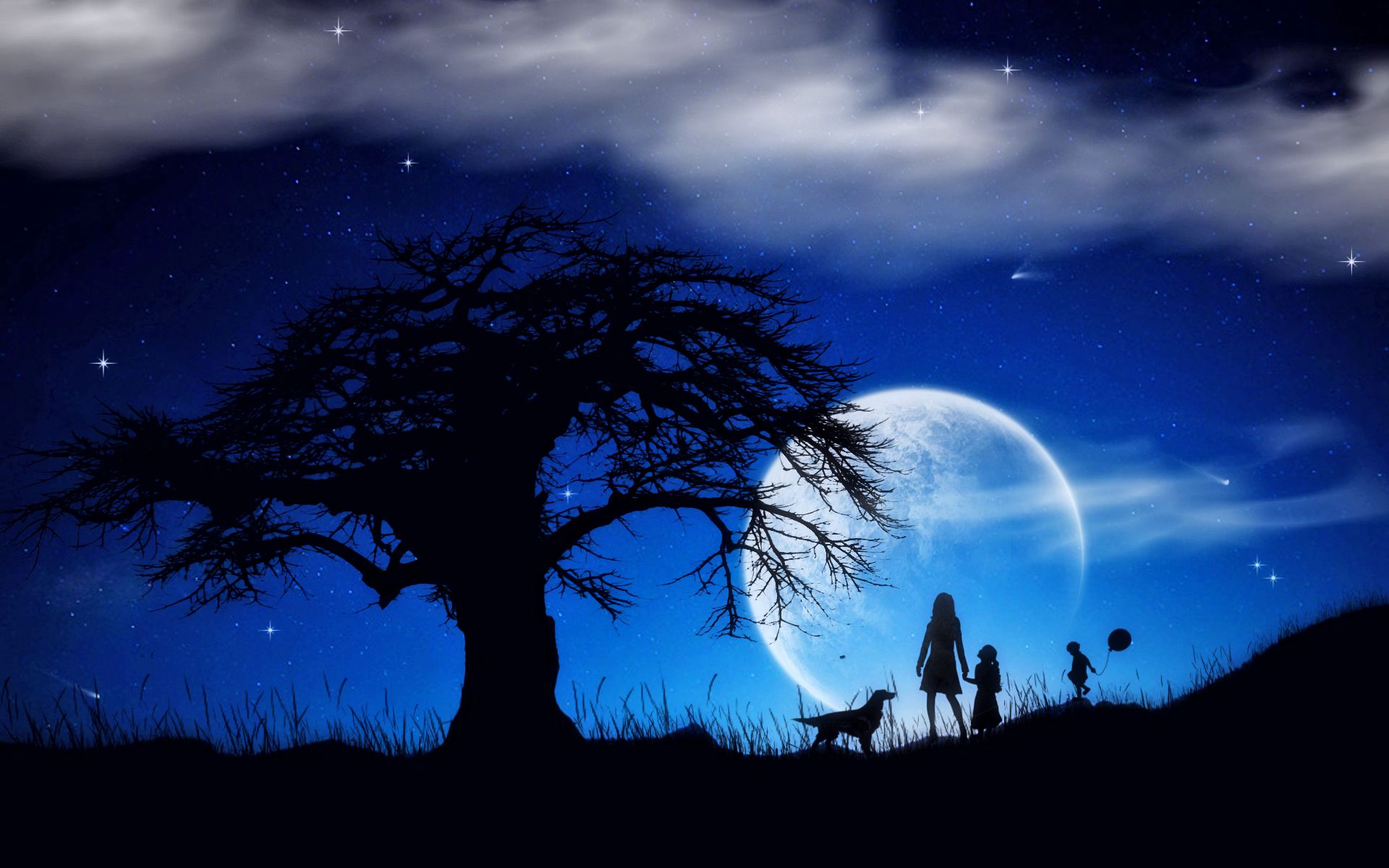 Download mobile wallpaper Night, Silhouette, Tree, Dog, Planet, Artistic, Cloud for free.