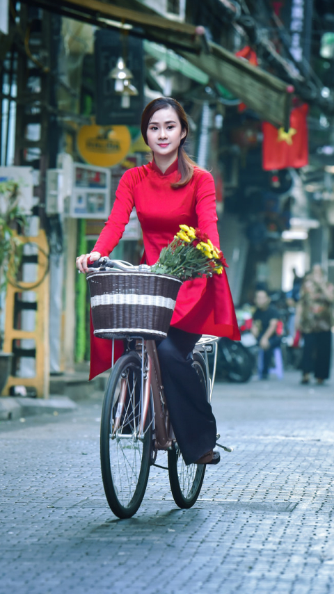 Download mobile wallpaper Bicycle, Brunette, Women, Asian for free.