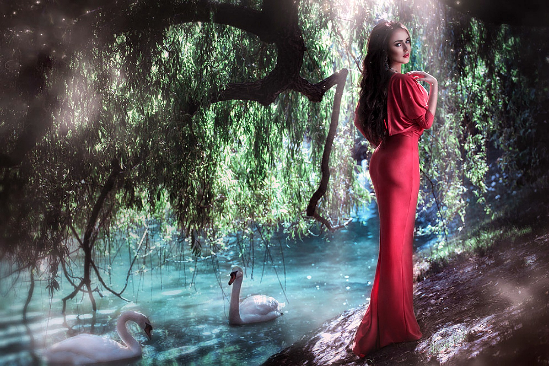 Download mobile wallpaper Water, Light, Tree, Swan, Artistic, Dress, Women, Red Dress for free.