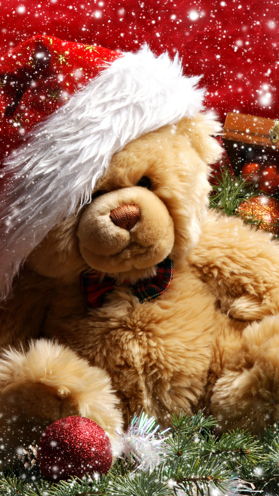Handy-Wallpaper Feiertage, Weihnachten, Teddybär, Weihnachtsschmuck, Weihnachtsmütze kostenlos herunterladen.