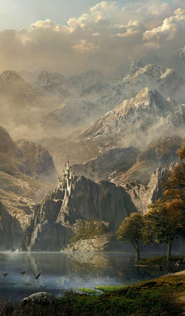 Download mobile wallpaper Landscape, Fantasy, Mountain, Lake, Horse, Adventure, Castle for free.