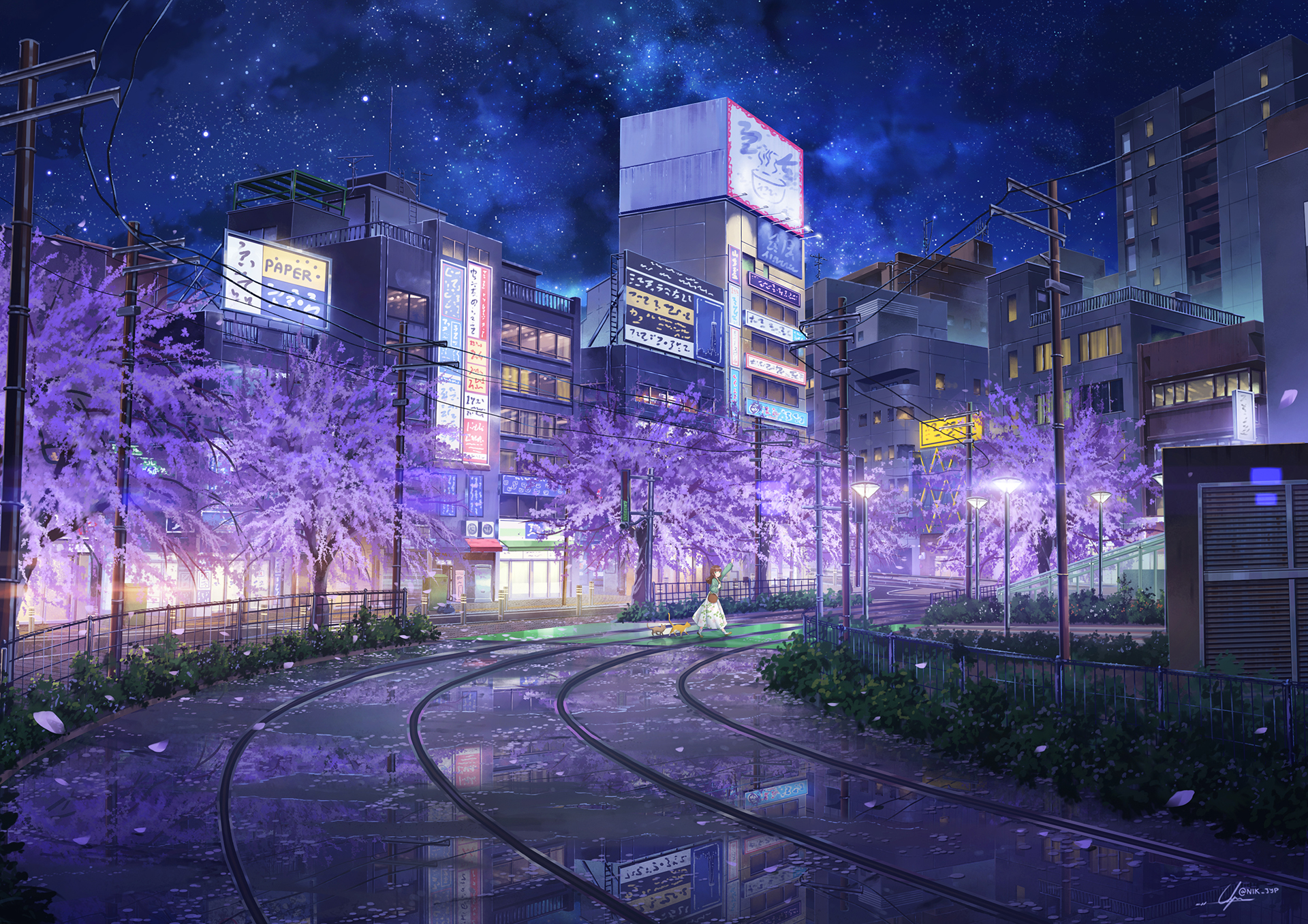 Download mobile wallpaper Anime, Night, City, Building, Tree, Street for free.
