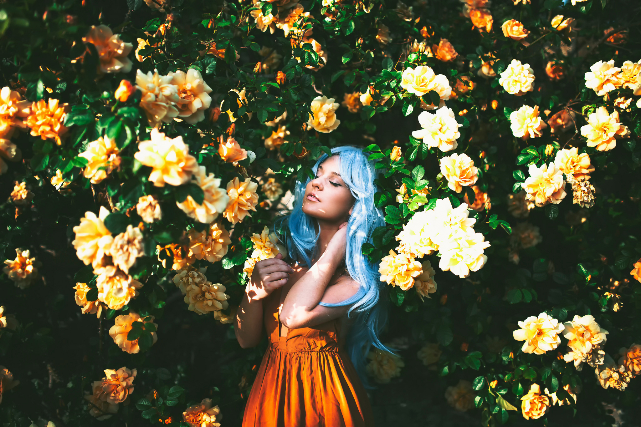 Free download wallpaper Flower, Mood, Model, Women, Blue Hair, Orange Dress on your PC desktop