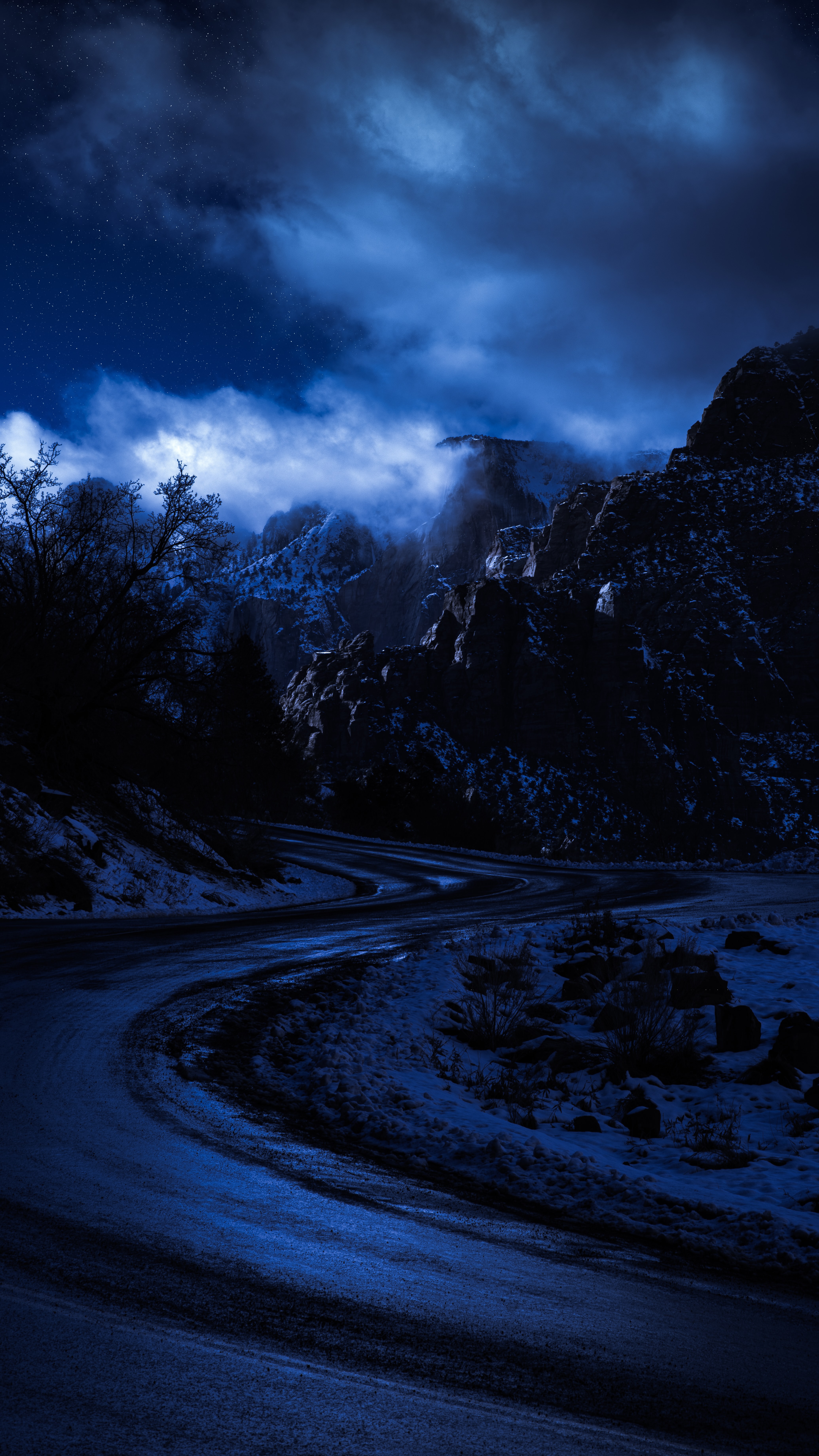 Download mobile wallpaper Road, Mountain, Starry Sky, Nature, Night for free.