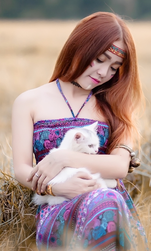 Download mobile wallpaper Cat, Redhead, Mood, Model, Women, Asian, Long Hair for free.