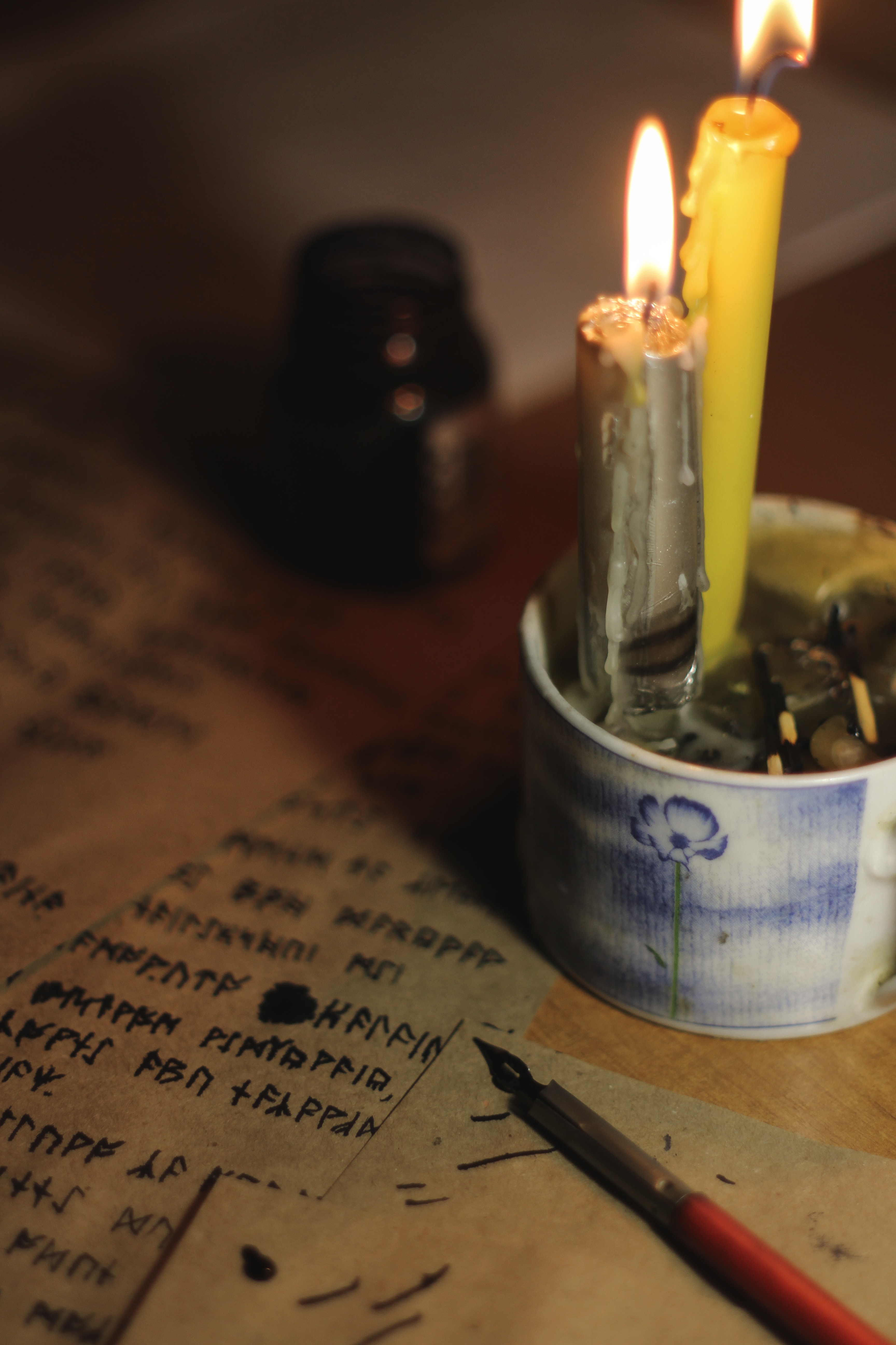 candle, runes, feather, miscellanea, miscellaneous, paper, ink, pen