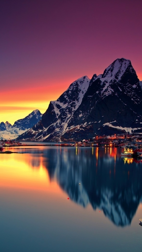 Download mobile wallpaper Sunset, Mountain, Lake, Light, Town, Lofoten, Man Made for free.