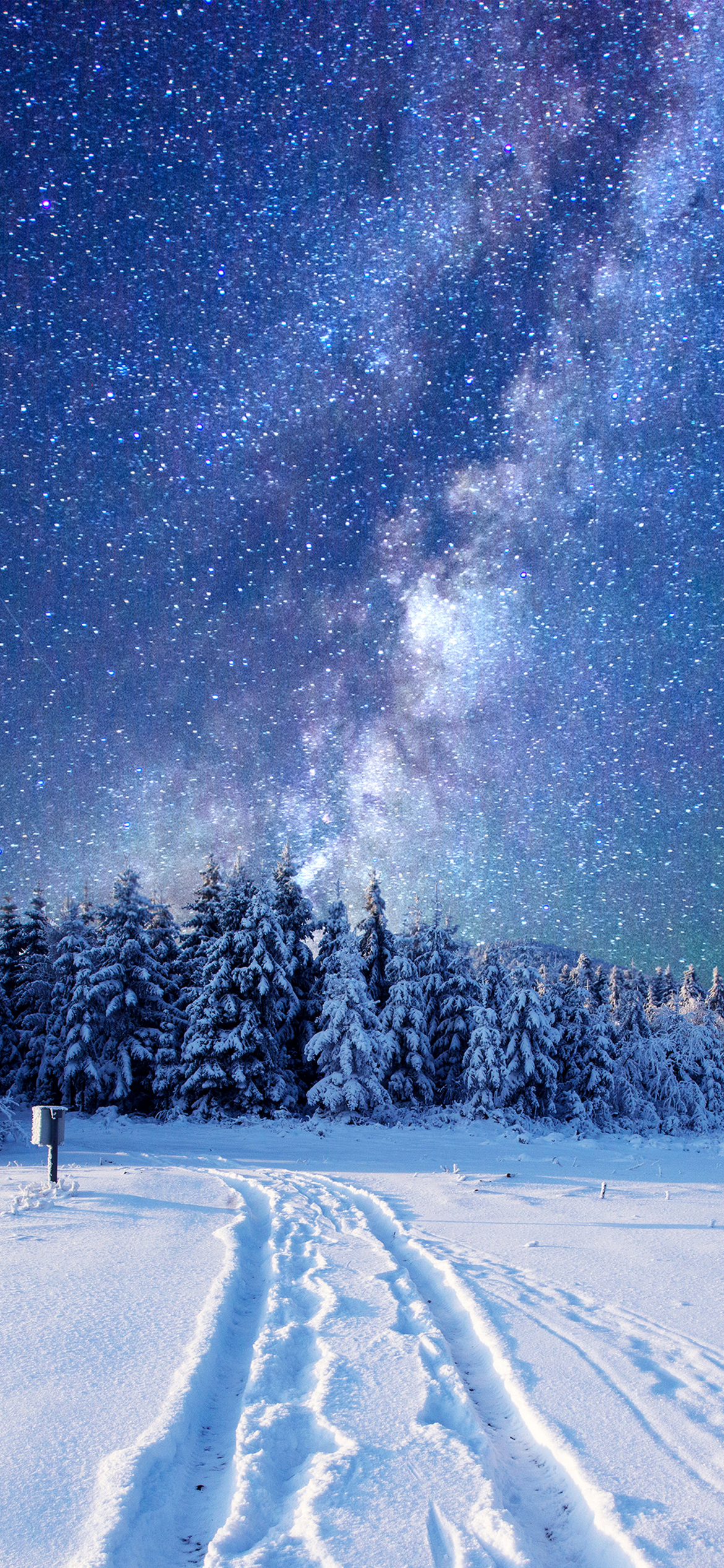 Download mobile wallpaper Winter, Nature, Sky, Stars, Snow, Forest, Milky Way, Sci Fi for free.