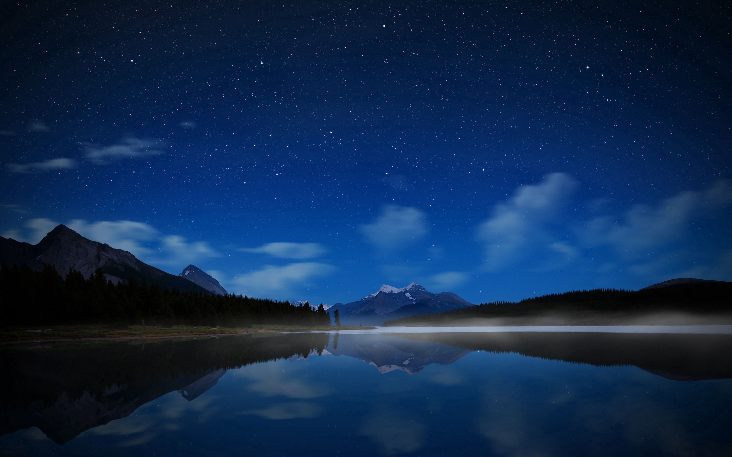 nature, stars, night, lake, fog, water surface