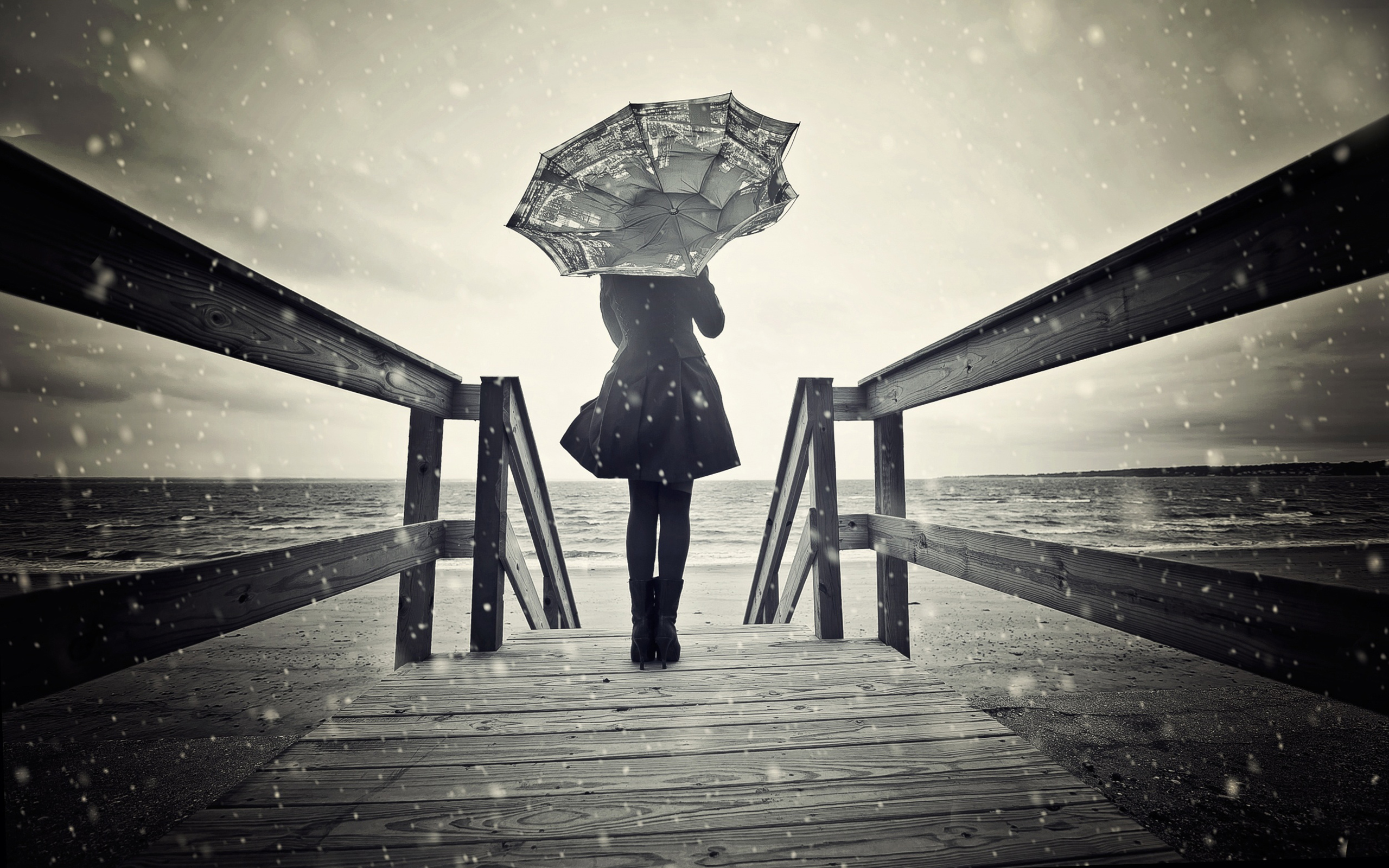PCデスクトップに雨, ビーチ, 傘, 女性, 黒 白, 後方画像を無料でダウンロード