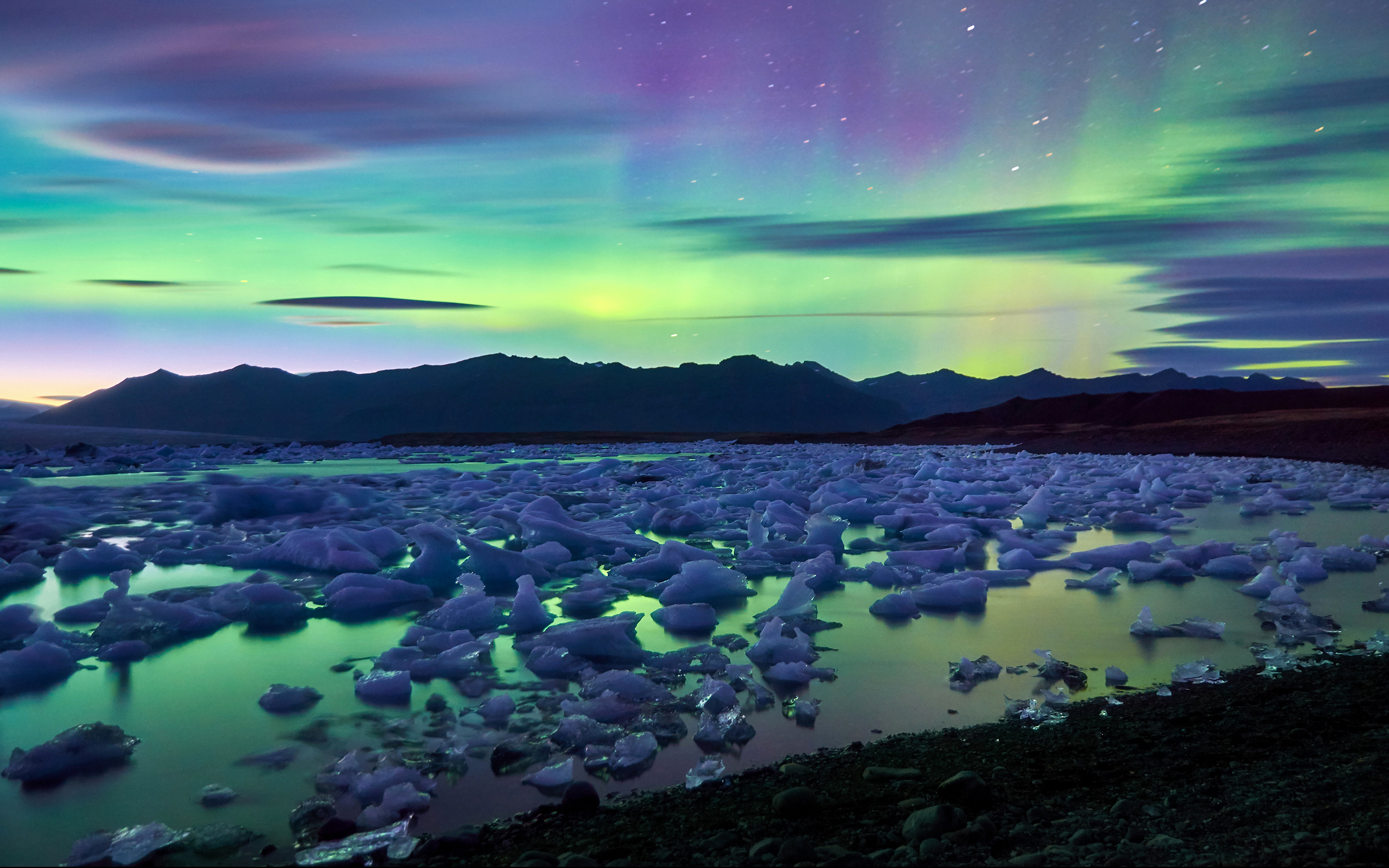iceland, earth, aurora borealis, glacier, ice, light Desktop home screen Wallpaper