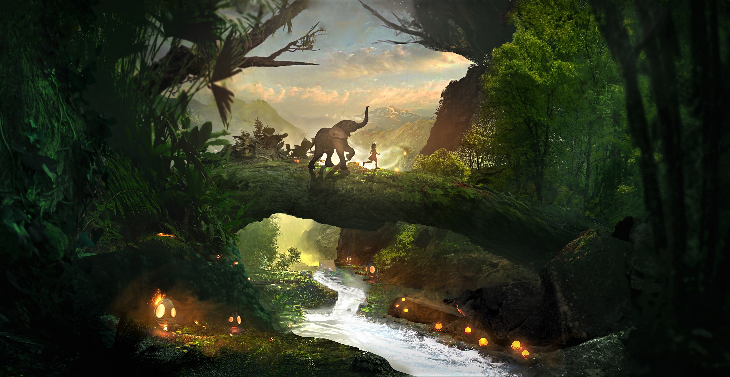 Free download wallpaper Fantasy, Light, Forest, Bridge, Child, River, Elephant, Magical on your PC desktop