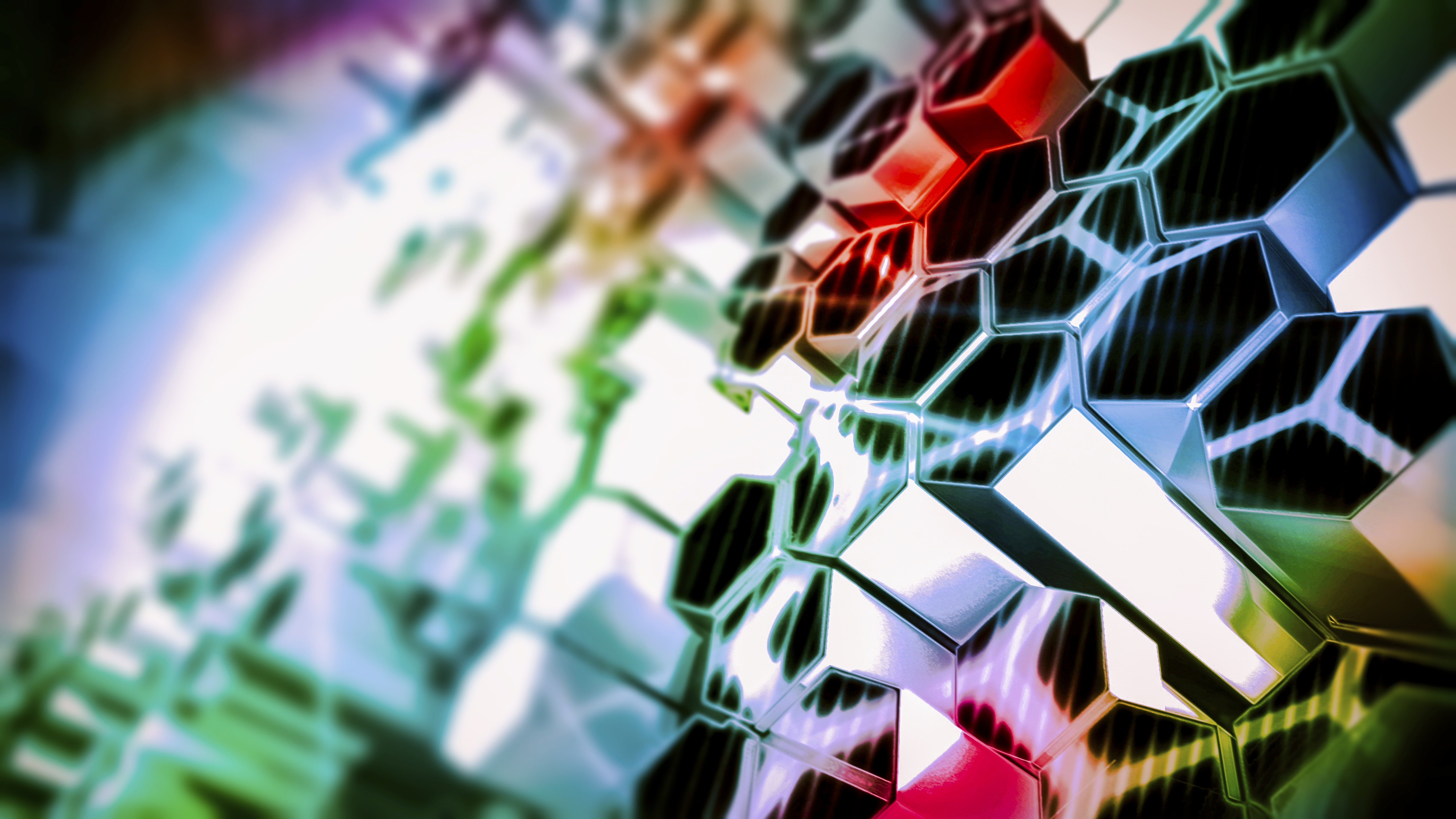 multicolored, shine, structure, motley, abstract, glare, light, hexagons, hexagonals