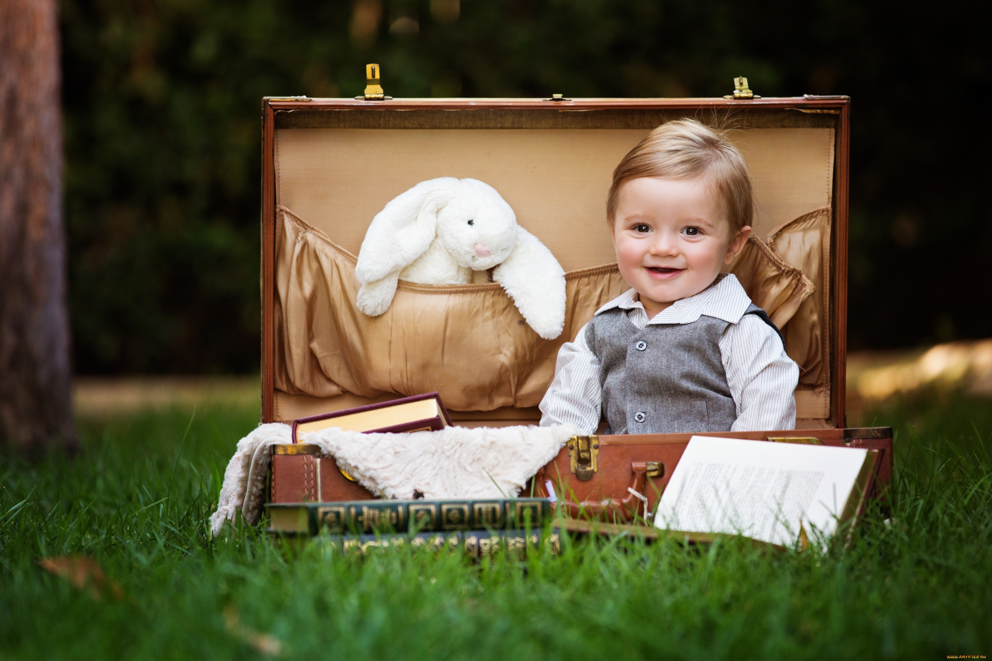 780410 завантажити шпалери фотографія, дитина, трава, маленький хлопчик, м'яка іграшка, валіза - заставки і картинки безкоштовно