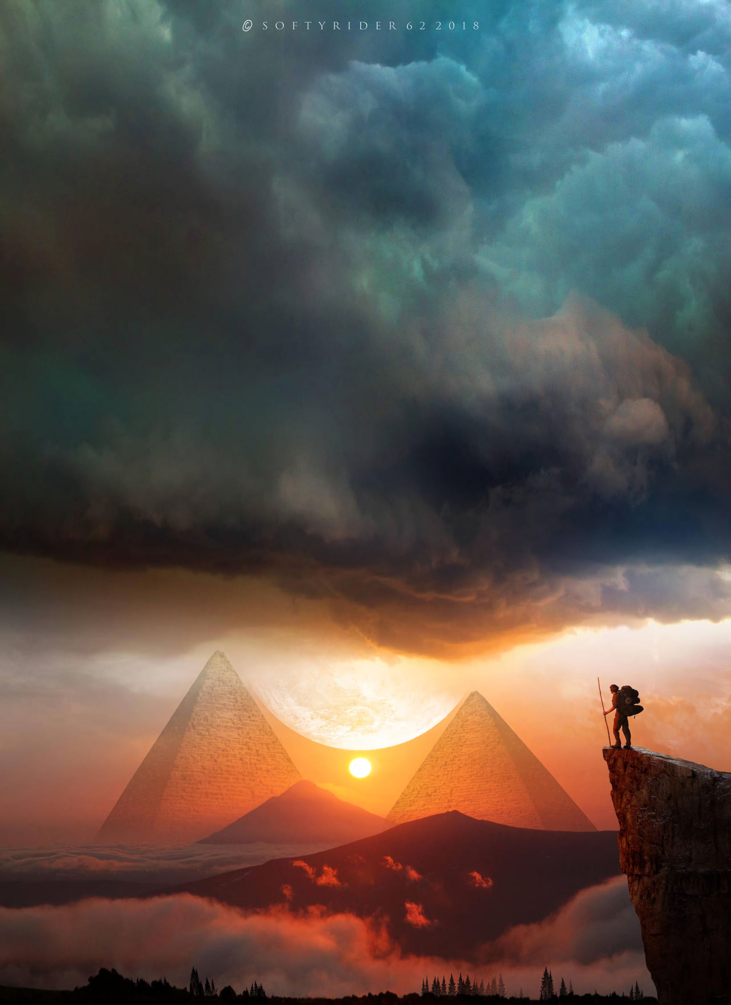landscape, sunset, art, clouds, pyramids, journey, hills