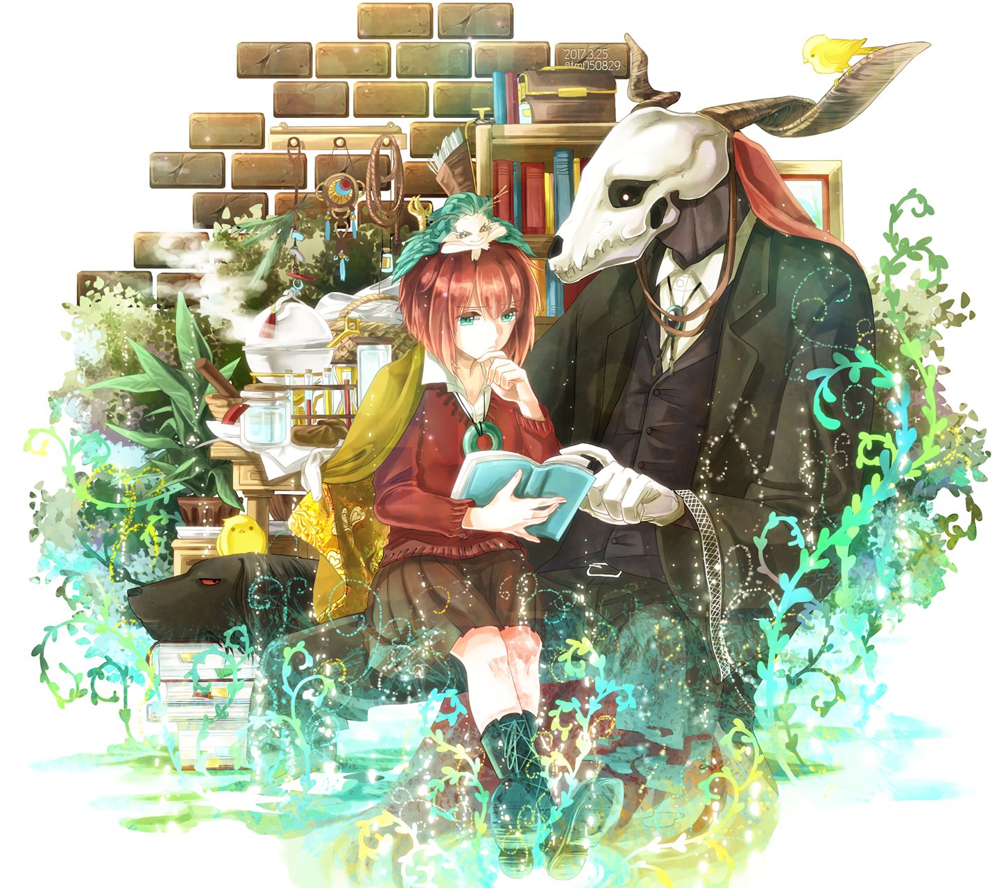 Download mobile wallpaper Anime, Dog, Book, Skirt, Green Eyes, Short Hair, Red Hair, Elias Ainsworth, Chise Hatori, The Ancient Magus' Bride for free.