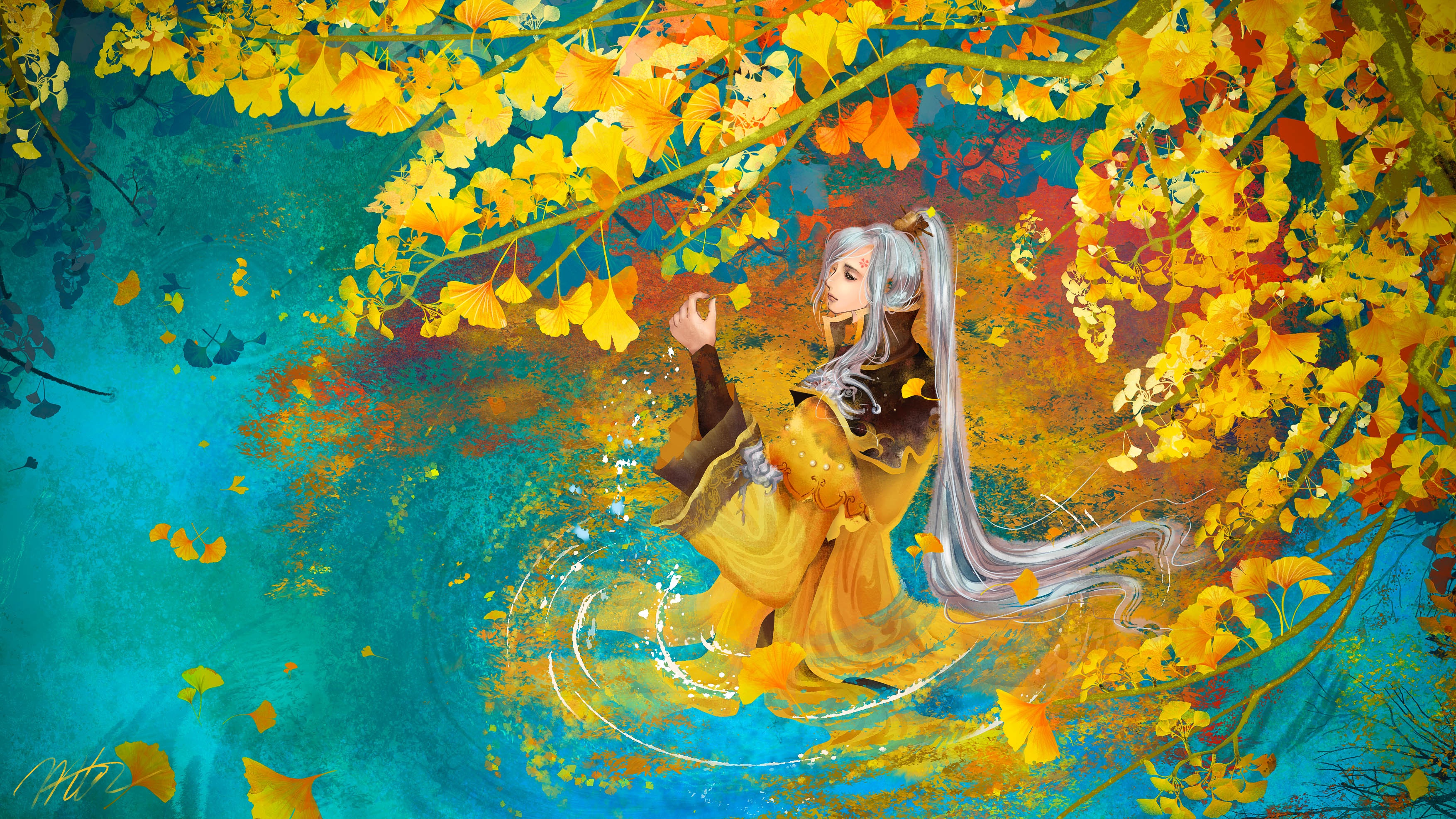 Download mobile wallpaper Water, Fantasy, Reflection, Leaf, Fall, Colorful, Oriental, Women, Long Hair, White Hair for free.
