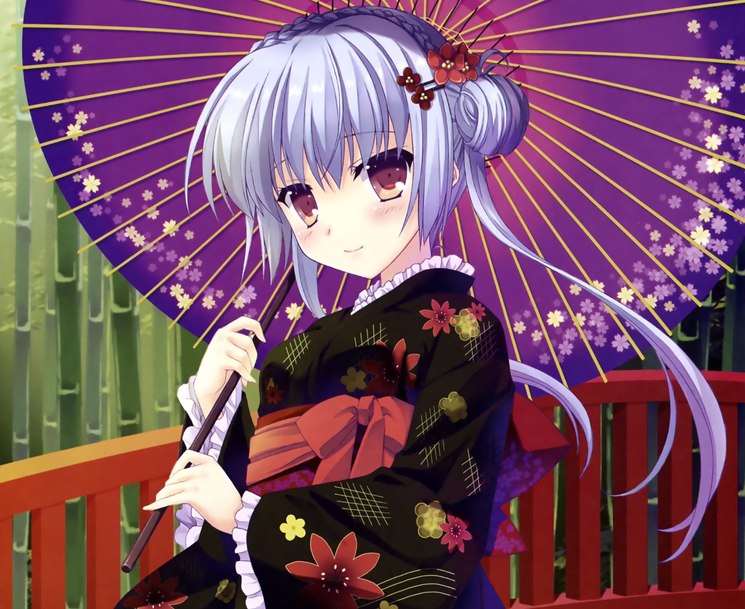 Free download wallpaper Anime, Flower, Smile, Bamboo, Kimono, Original, Parasol on your PC desktop