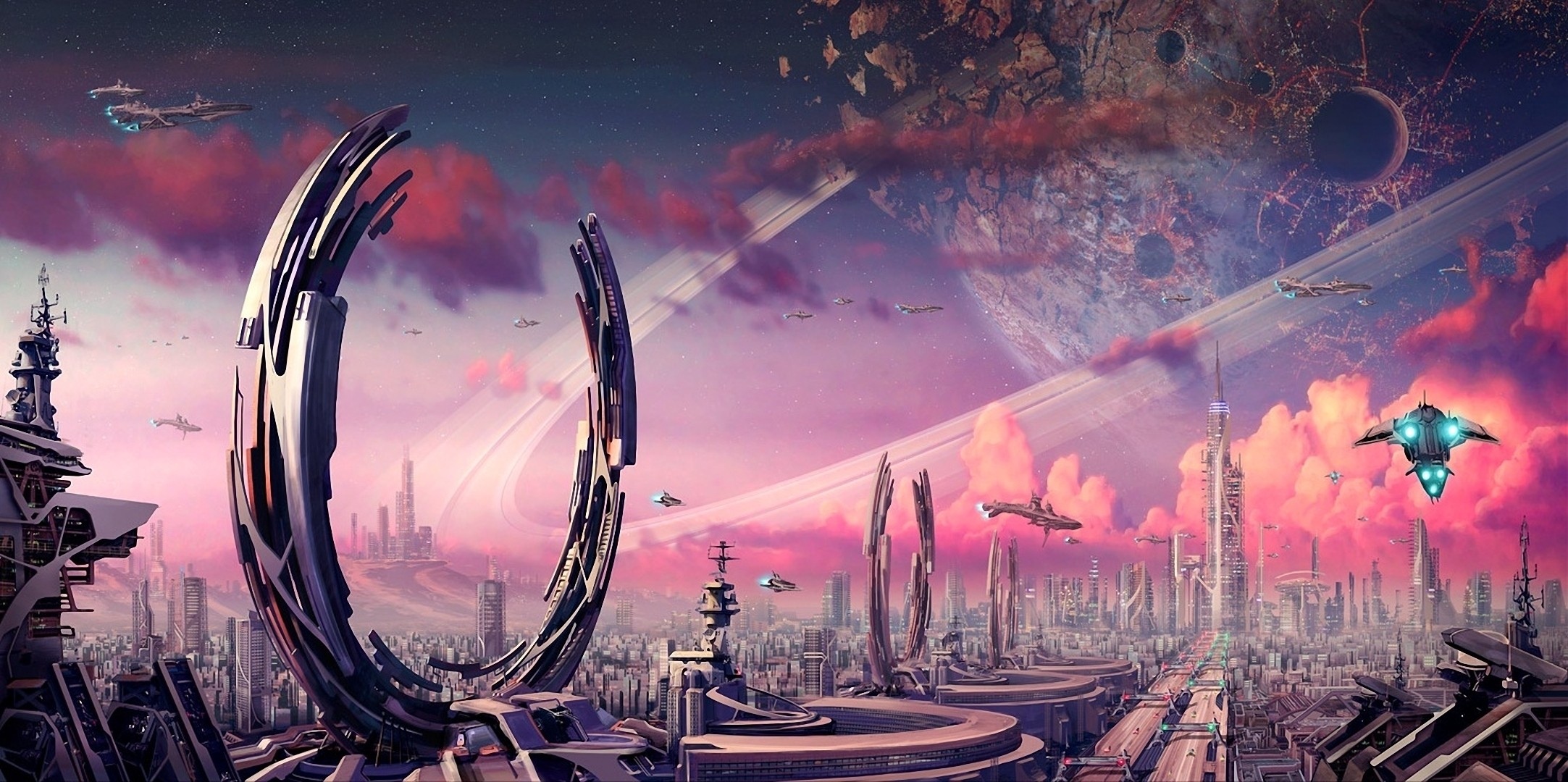 fantasy, city, transport, ships, rings, planet, fiction, that's incredible, crater, constructions, facilities