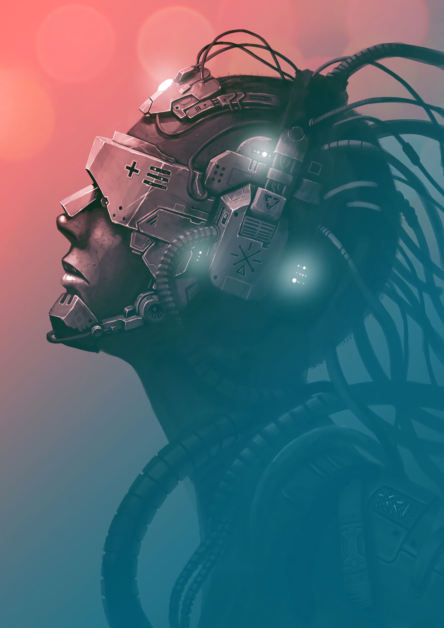 cyborg, helmet, mask, art, wires, wire