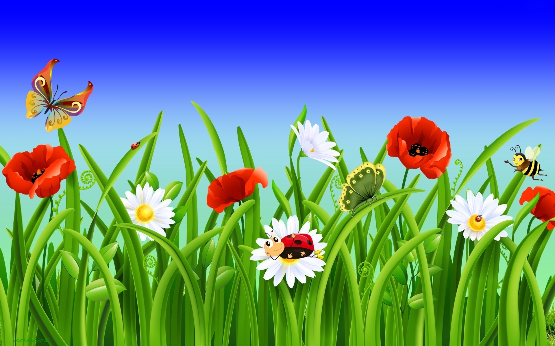 Free download wallpaper Grass, Bee, Butterfly, Spring, Artistic, Poppy, Daisy, Bug on your PC desktop