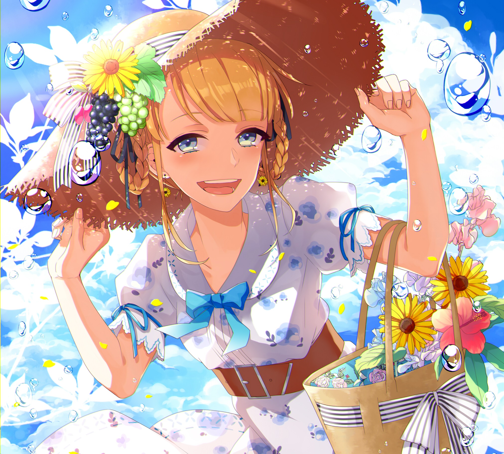 Download mobile wallpaper Anime, Flower, Smile, Blonde, Hat, Blue Eyes, Original, Braid, Short Hair, Bow (Clothing) for free.