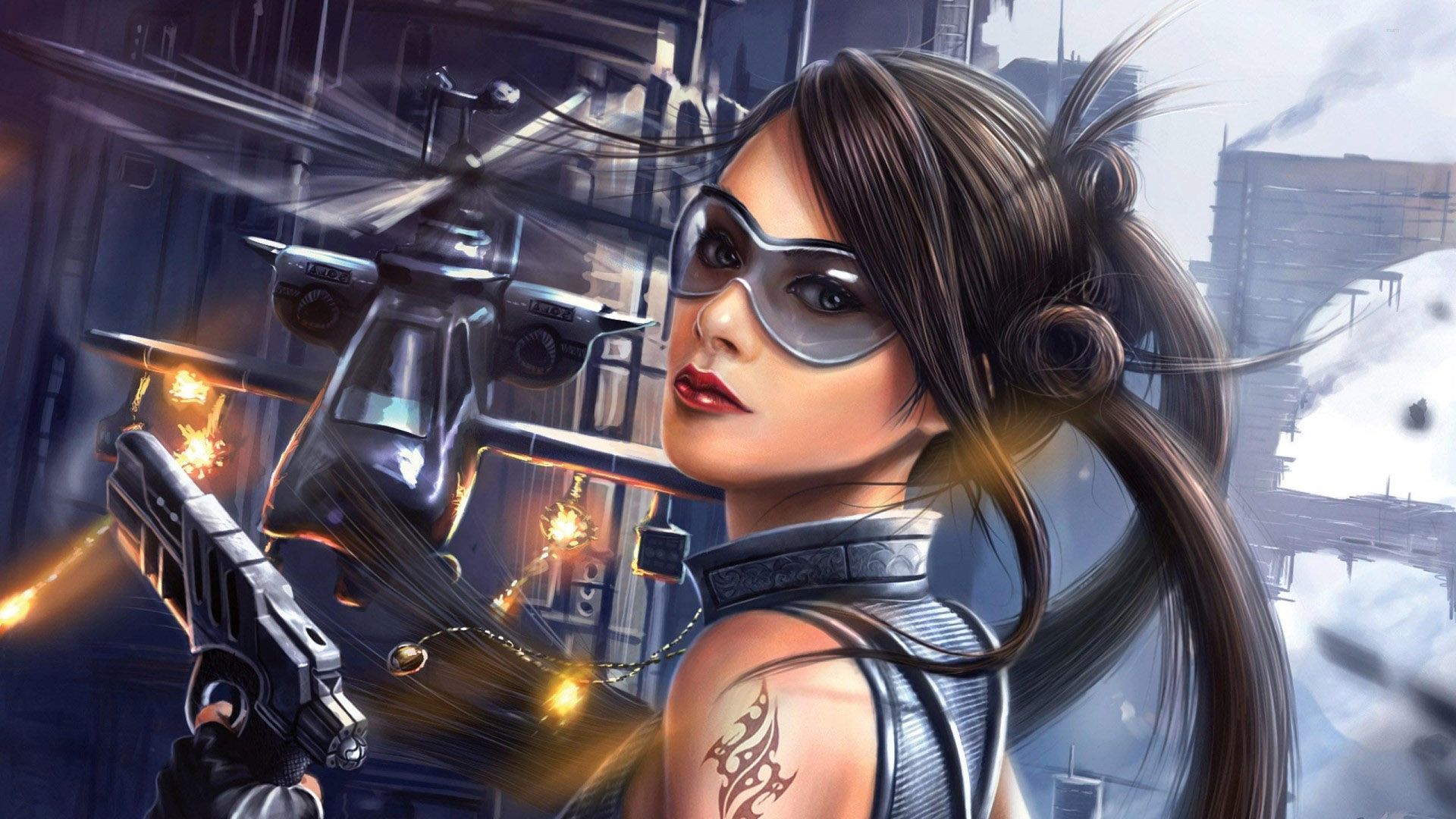 Download mobile wallpaper Tattoo, Sci Fi, Face, Helicopter, Women Warrior, Girls & Guns for free.