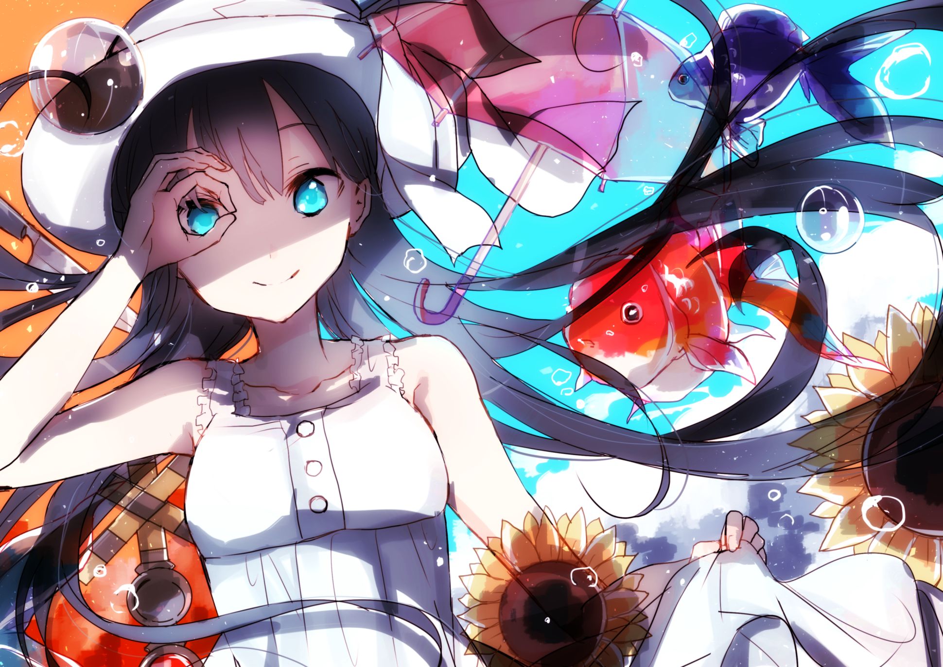 Free download wallpaper Anime, Water, Girl, Fish, Sunflower, Hat, Dress, Bubble, Blue Hair on your PC desktop