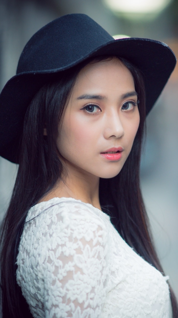Download mobile wallpaper Hat, Brunette, Model, Women, Blue Eyes, Asian for free.