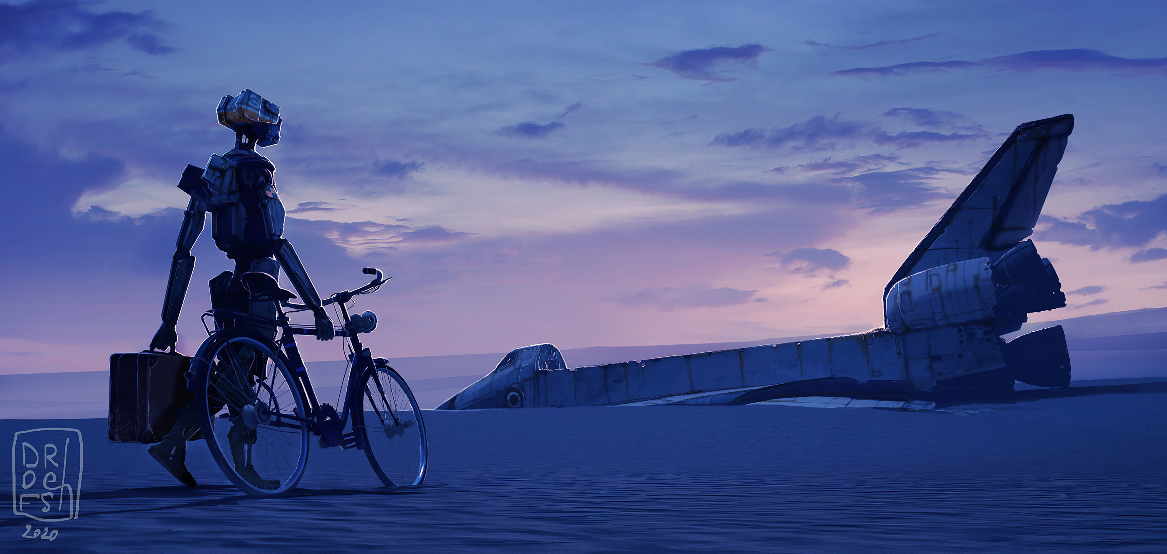 Download mobile wallpaper Robot, Sci Fi, Bicycle, Post Apocalyptic, Space Shuttle for free.
