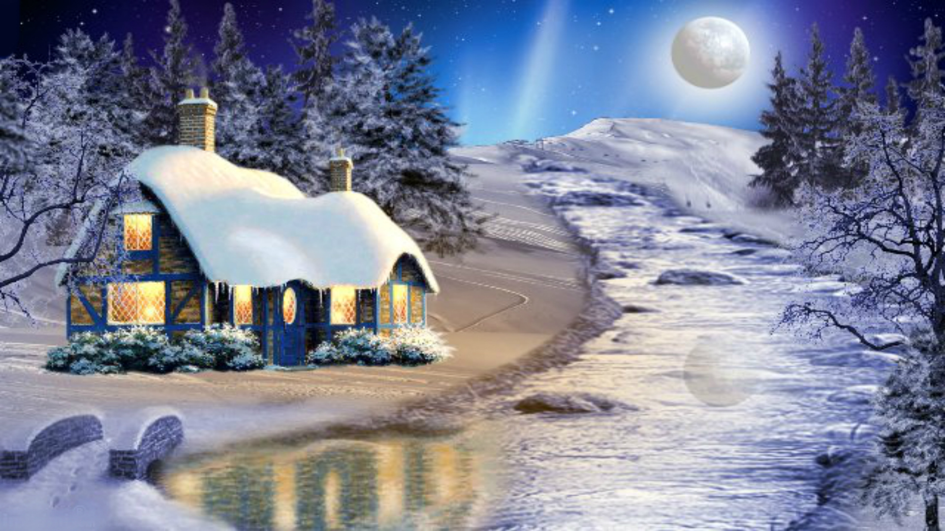Handy-Wallpaper Winter, Mond, Schnee, Baum, Haus, Hügel, Hütte, Künstlerisch kostenlos herunterladen.