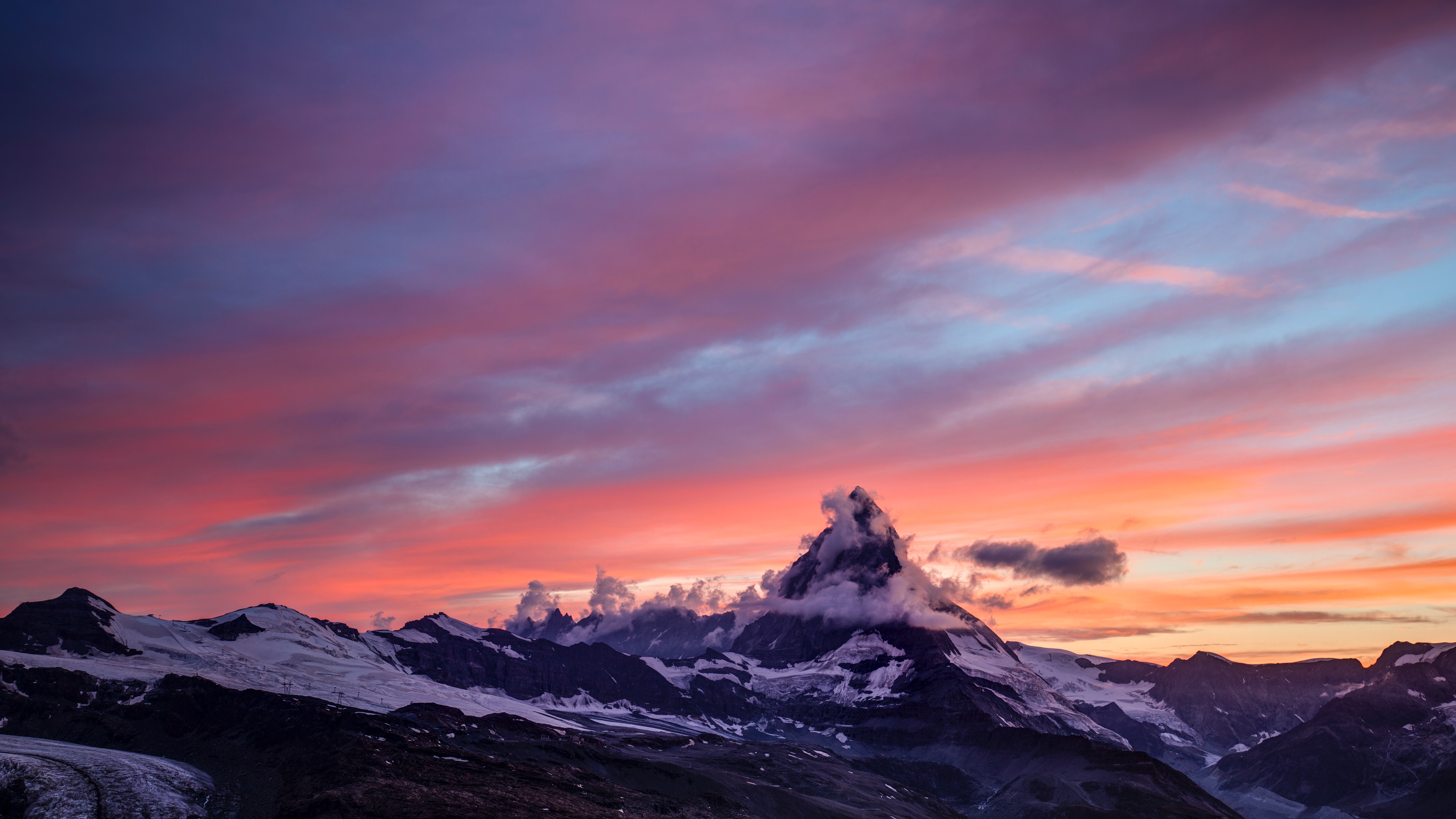 54966 descargar imagen naturaleza, puesta del sol, nubes, montaña, cima, pico, suiza, cubierto de nieve, nevado, zermatt: fondos de pantalla y protectores de pantalla gratis