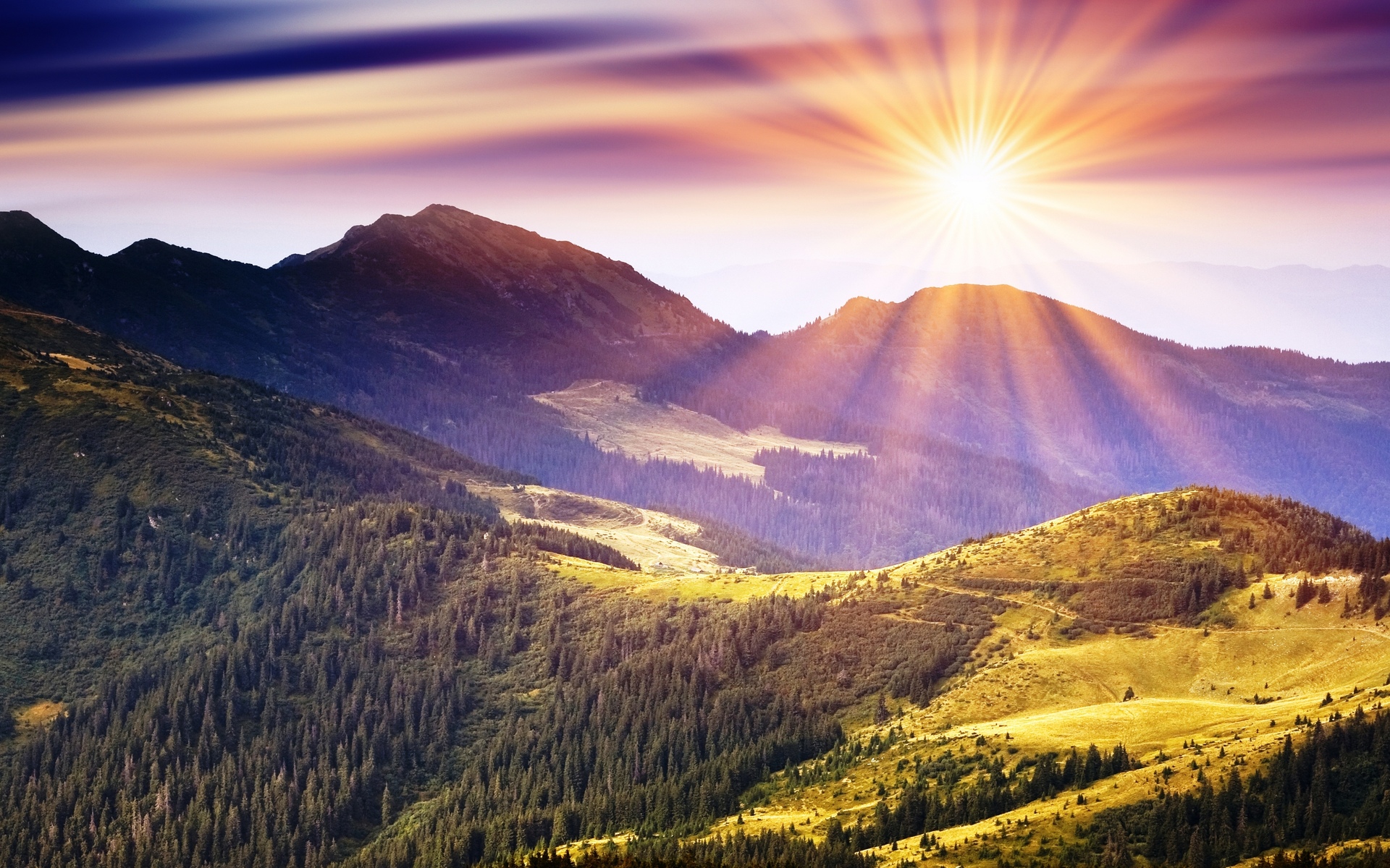 Laden Sie das Landschaft, Wald, Sonnenaufgang, Gebirge, Wolke, Szene, Himmel, Sonne, Erde/natur-Bild kostenlos auf Ihren PC-Desktop herunter
