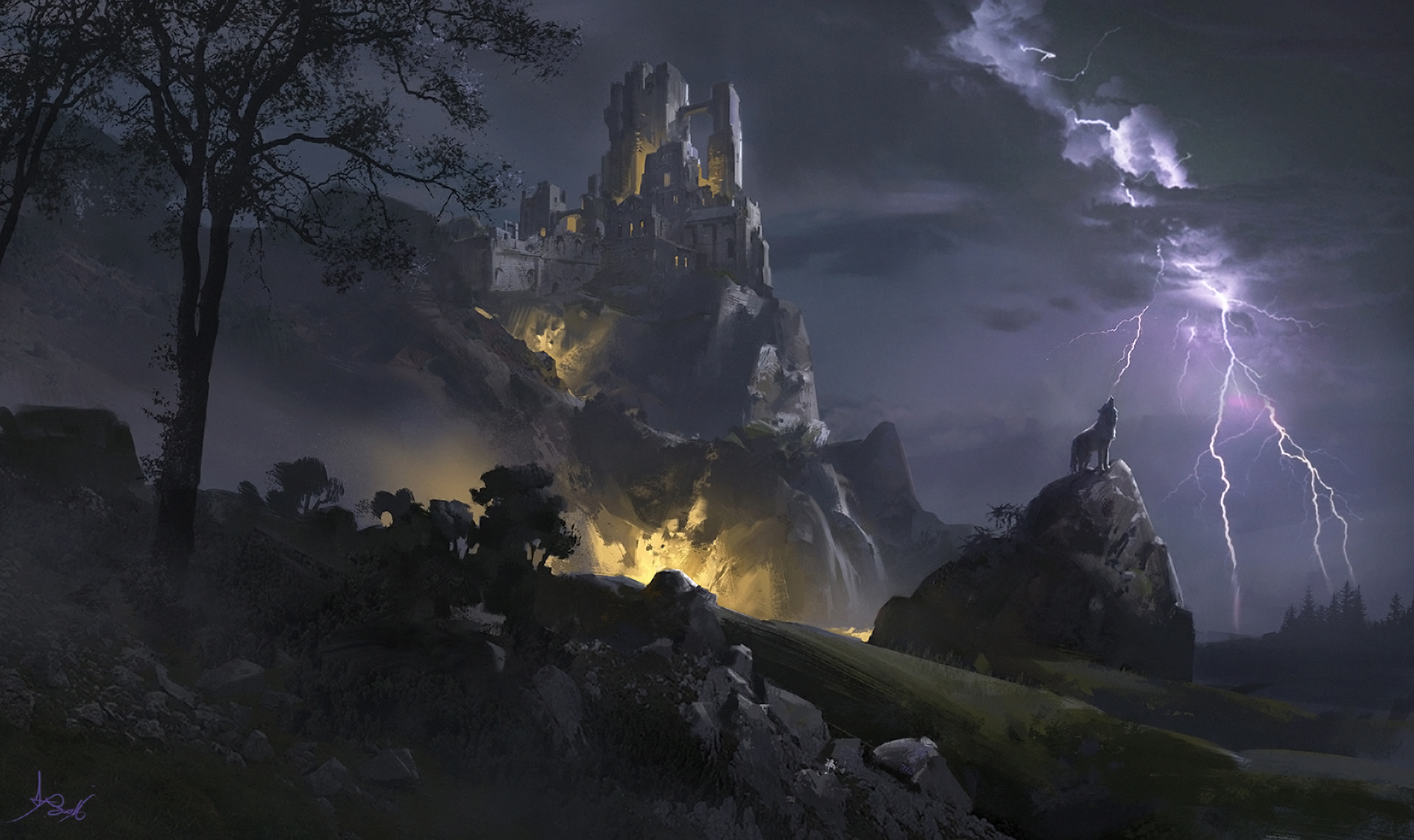 Download mobile wallpaper Landscape, Fantasy, Night, Lightning, Tree, Wolf, Cloud, Castle for free.